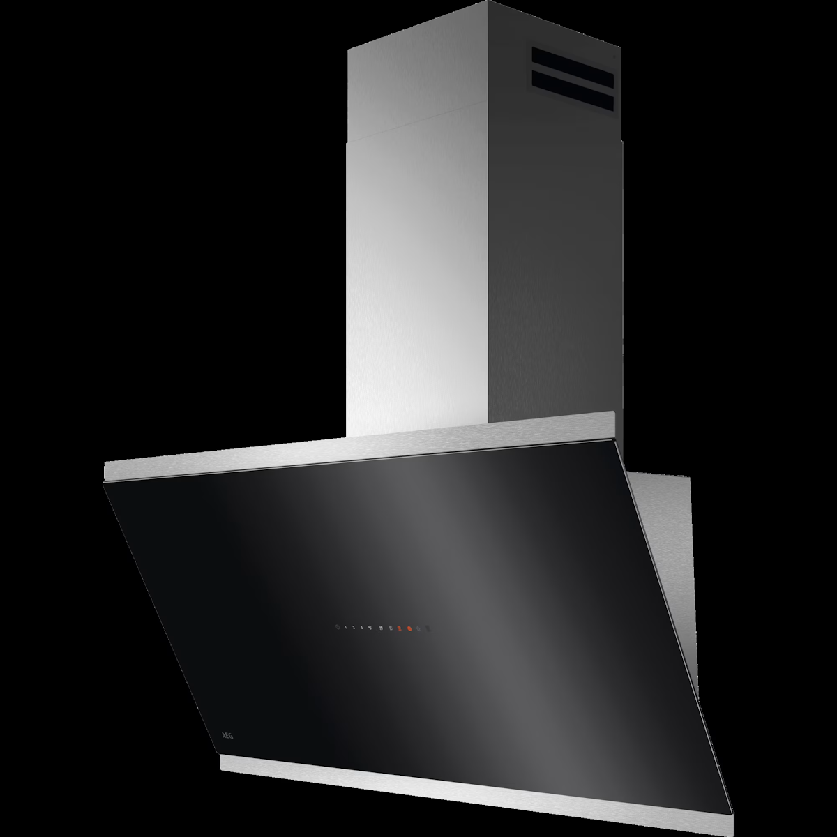 Frontalansicht der AEG GV77D91SL Wand-Dunstabzugshaube in schwarzem Glas, 90 cm breit.