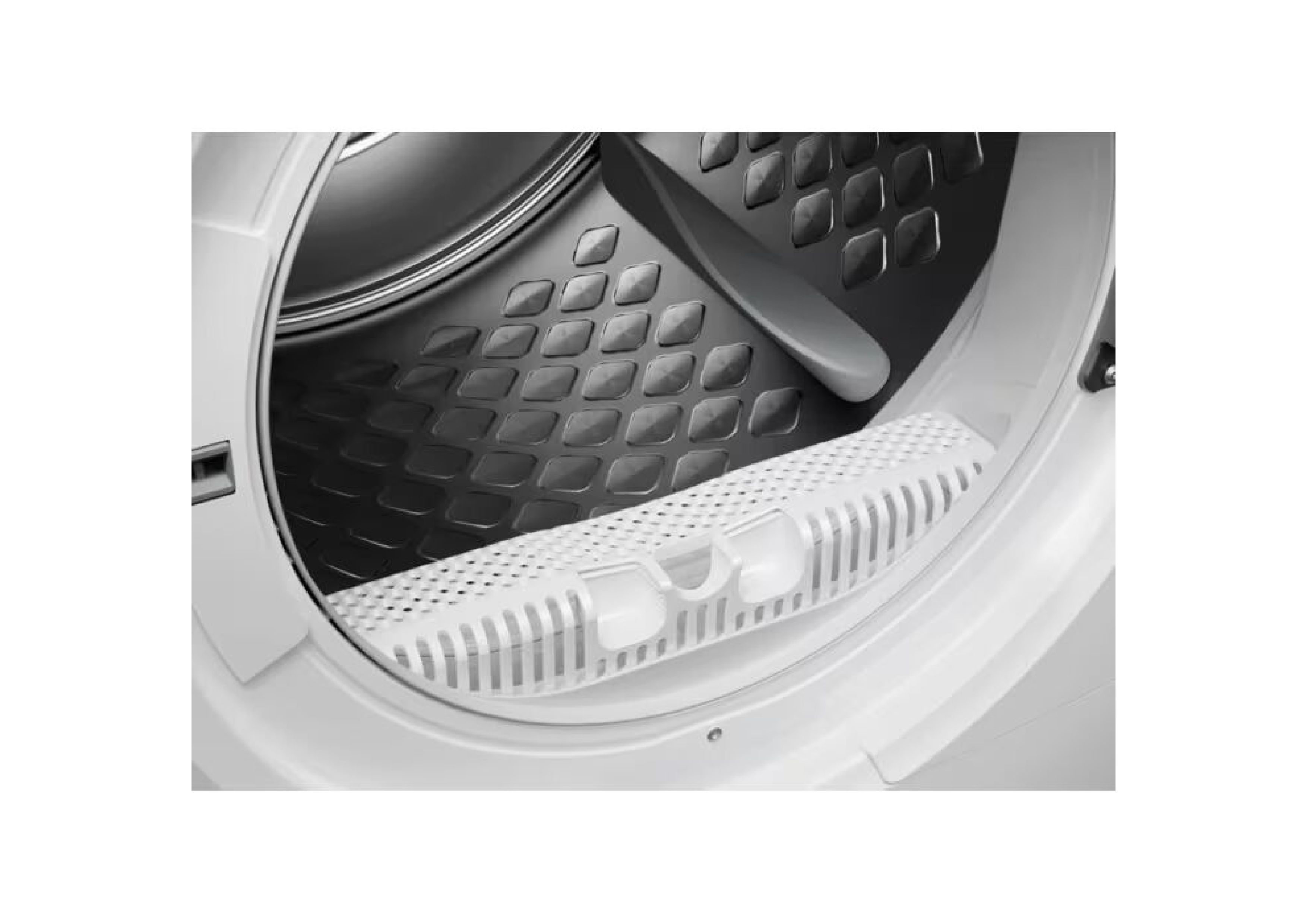 Close-up of the lint filter located at the bottom of an AEG dryer door opening.