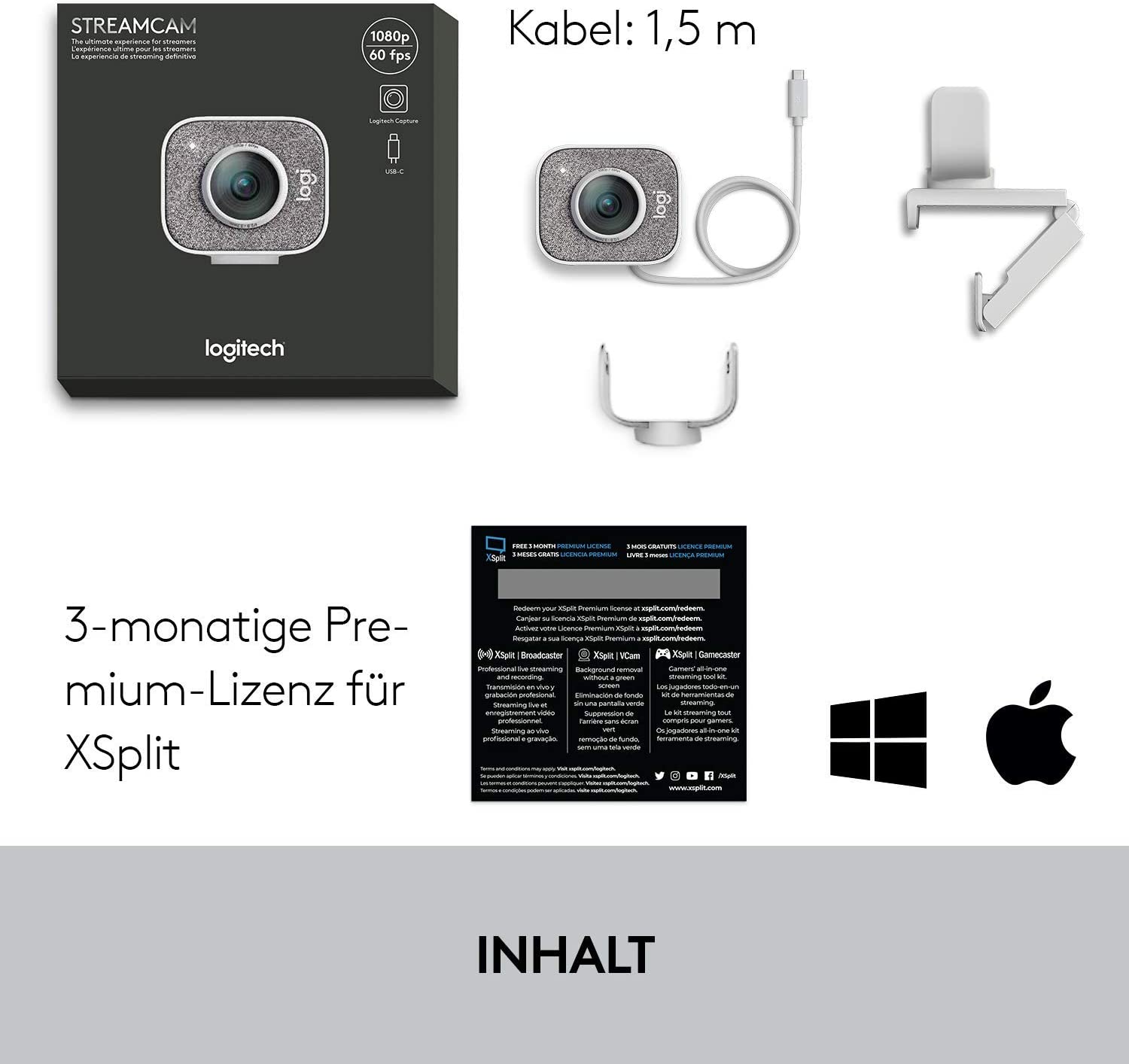 Logitech StreamCam Weiß – kompletter Lieferumfang. Lieferumfang der Logitech StreamCam in Weiß mit Kamera, Kabel und Zubehör.