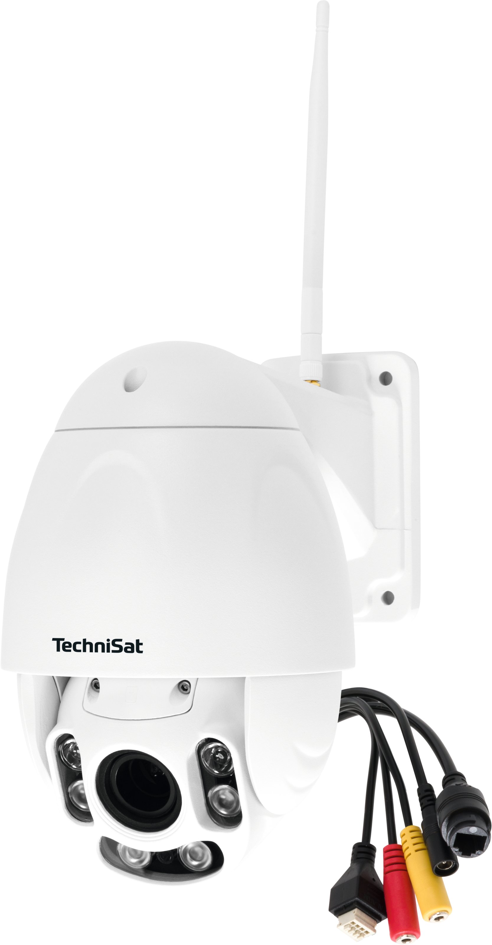 TECHNISAT Außenkamera AK2 – Rückansicht mit sichtbaren Anschlusskabeln für Strom und Netzwerkverbindung