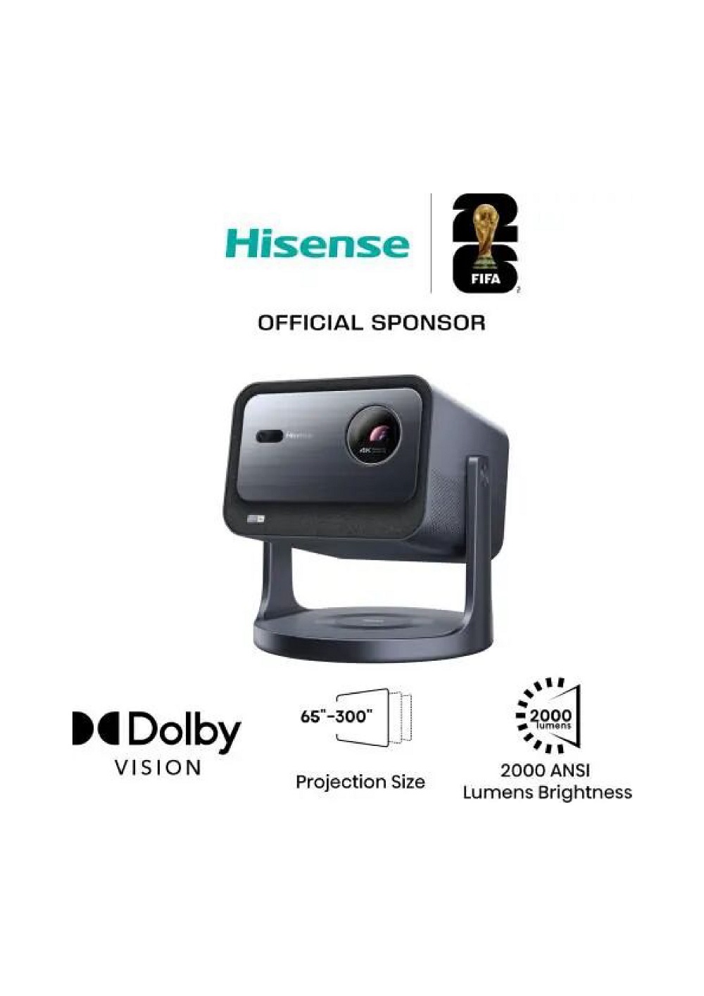 Hisense C2 Laser-Projektor Werbegrafik mit Dolby Vision, 2000 ANSI Lumen und 300 Zoll Bilddiagonale.