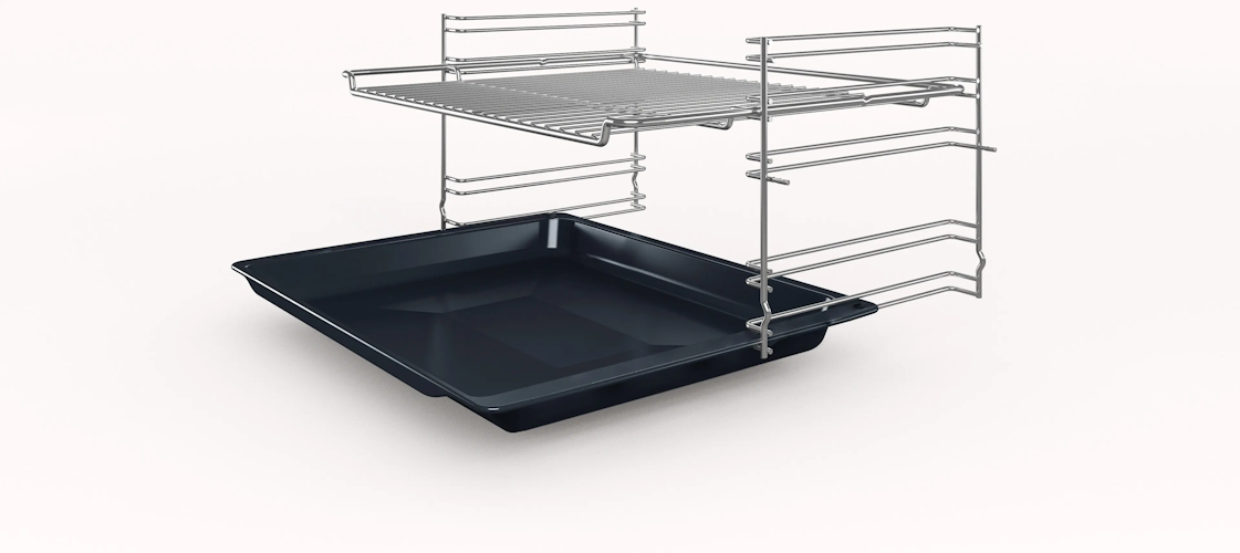Bosch HBF010BA1 accessories: wire rack, enamelled baking tray and side runner rails