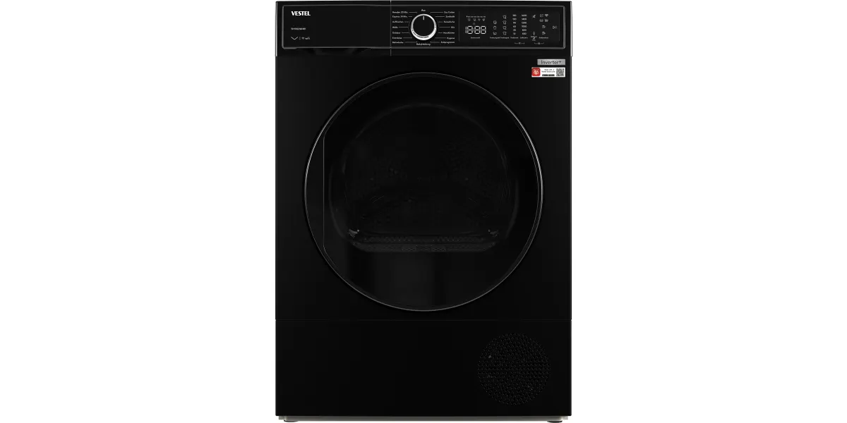 Vestel TDI 99302 MB Wärmepumpentrockner in Schwarz, Frontansicht mit geschlossener Glastür.