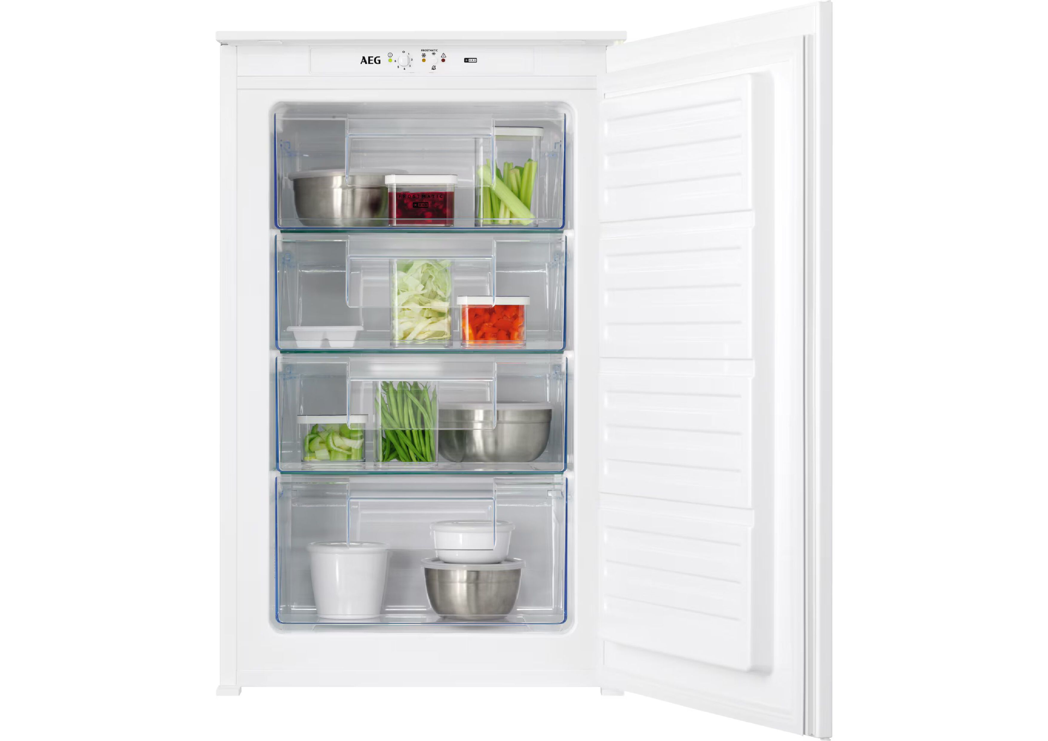 Offener, weißer AEG Gefrierschrank mit mehreren transparenten Schubladen, gefüllt mit frischem Gemüse und Behältern
