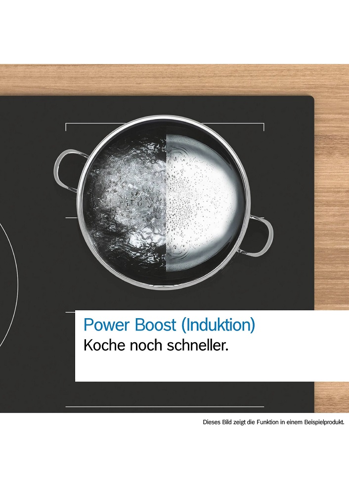 Infografik zur „Power Boost“-Funktion von Bosch, die einen Kochtopf aus der Vogelperspektive zeigt, in dem Wasser auf der Induktionskochzone in Sekundenbruchteilen stark sprudelnd kocht.