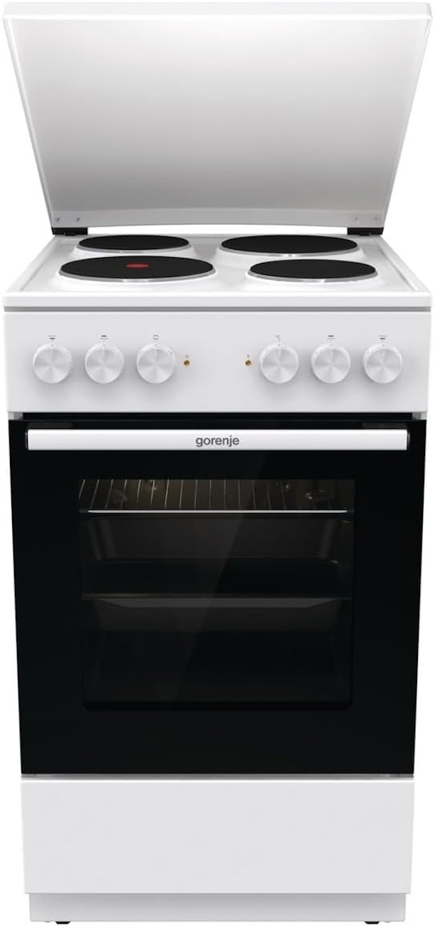 Weißer Gorenje Elektro-Standherd GE5A23WH mit 4 Kochzonen und Backofenfenster.