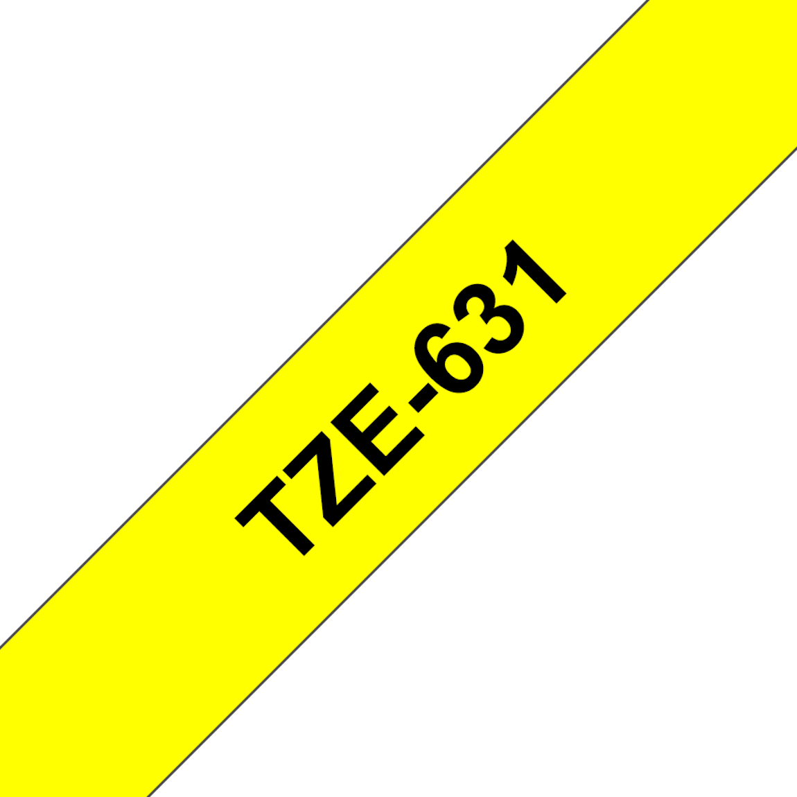 Brother TZe-631 Bandkassette in Schrägansicht: 12 mm breites, 8 m langes laminiertes Schriftband, schwarz auf gelbem Hintergrund
