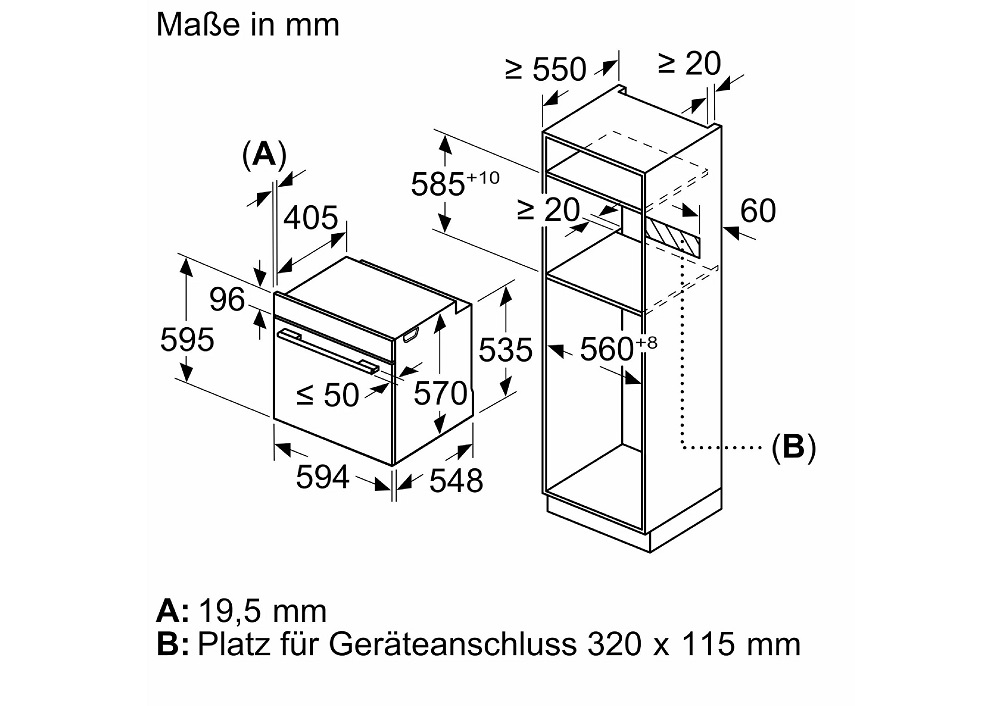 Dimensional sketch for the ergonomic installation of the NEFF oven in a tall cabinet.