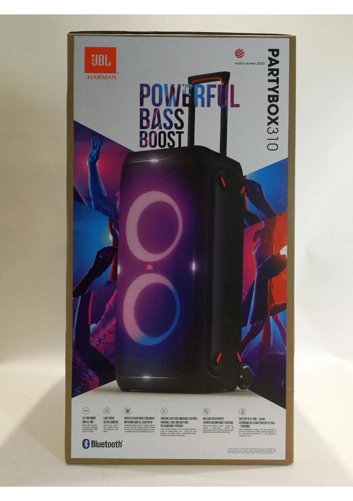 Die Originalverpackung der JBL PartyBox 310 mit Aufdruck „Powerful Bass Boost“ und Feature-Liste.