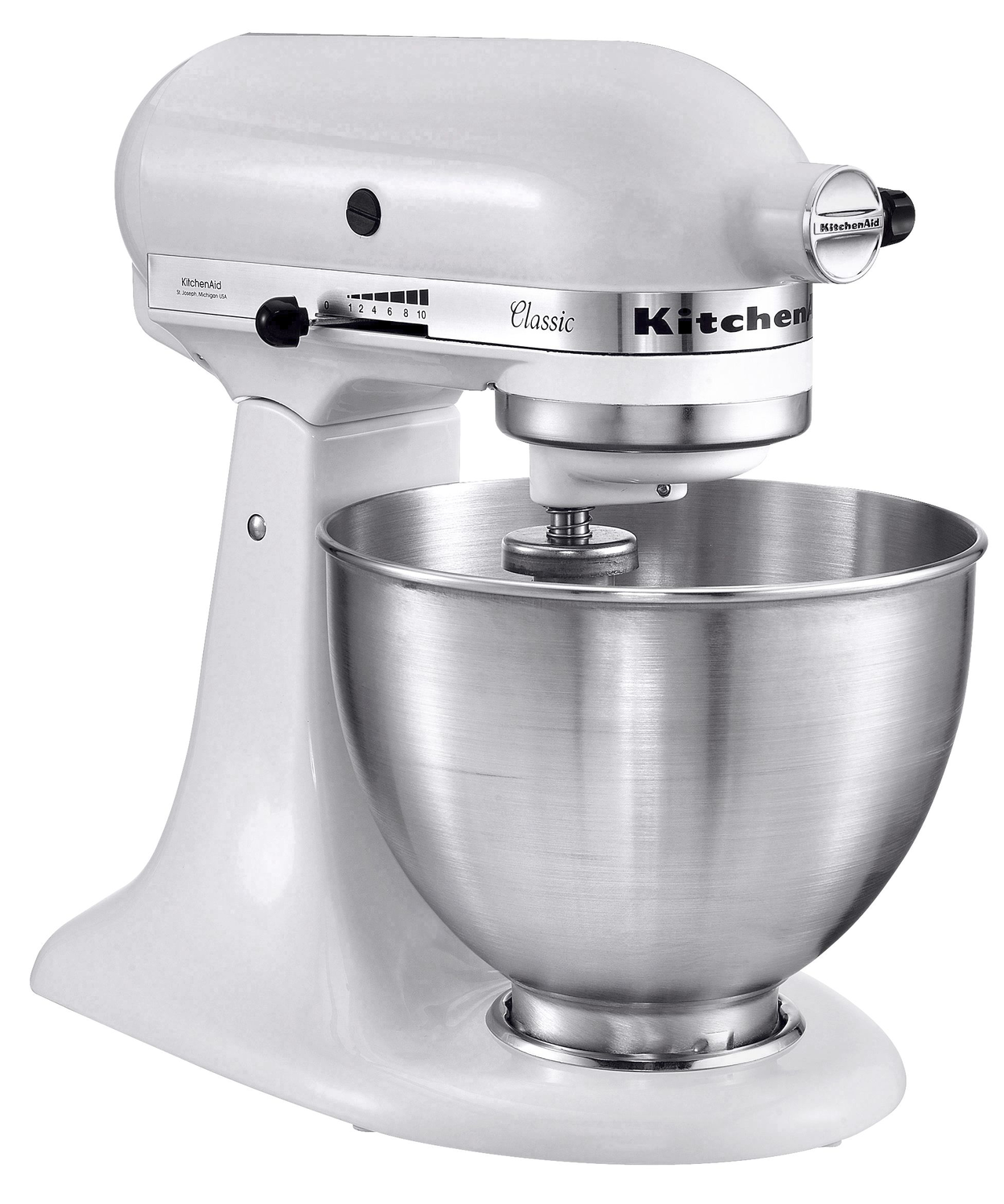 KitchenAid 5K45SSSEWH Küchenmaschine in seitlicher Ansicht mit sichtbarem Geschwindigkeitsregler.