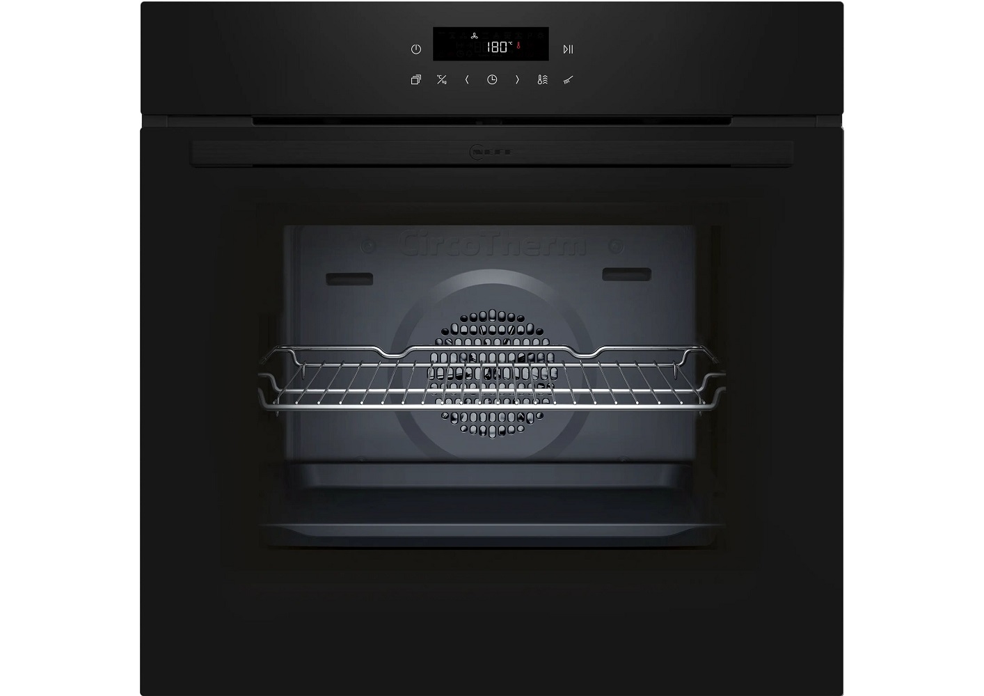 Black NEFF built-in oven with CircoTherm technology and digital display in front view.