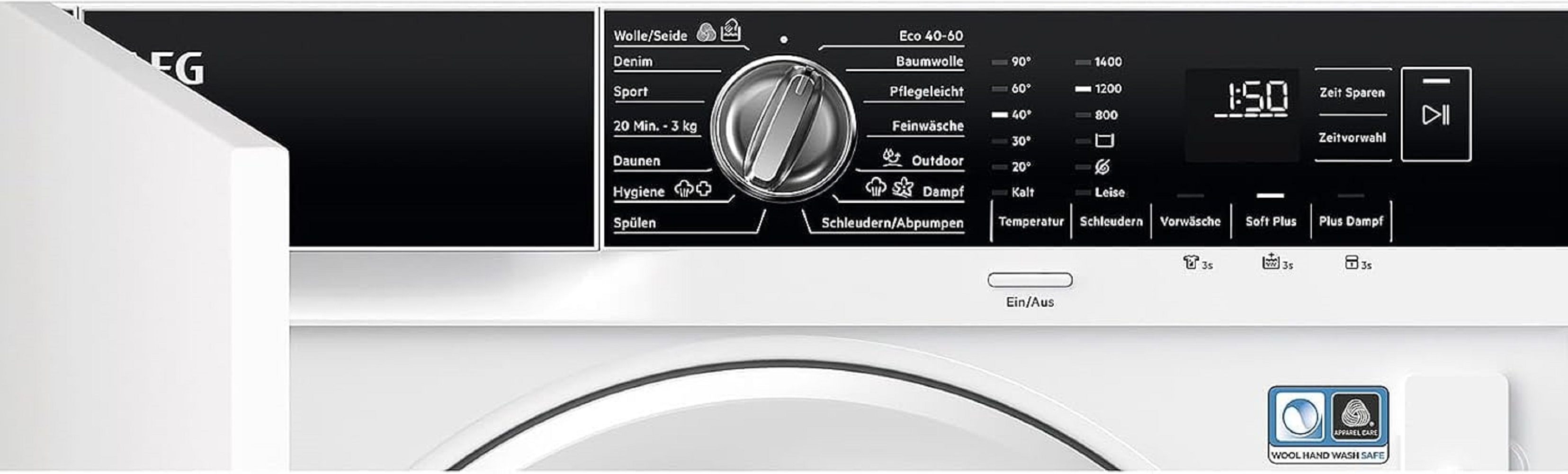 Nahaufnahme der schwarzen Bedienblende mit Programmwähler, LED-Display und verschiedenen Waschoptionen wie "Plus Dampf".