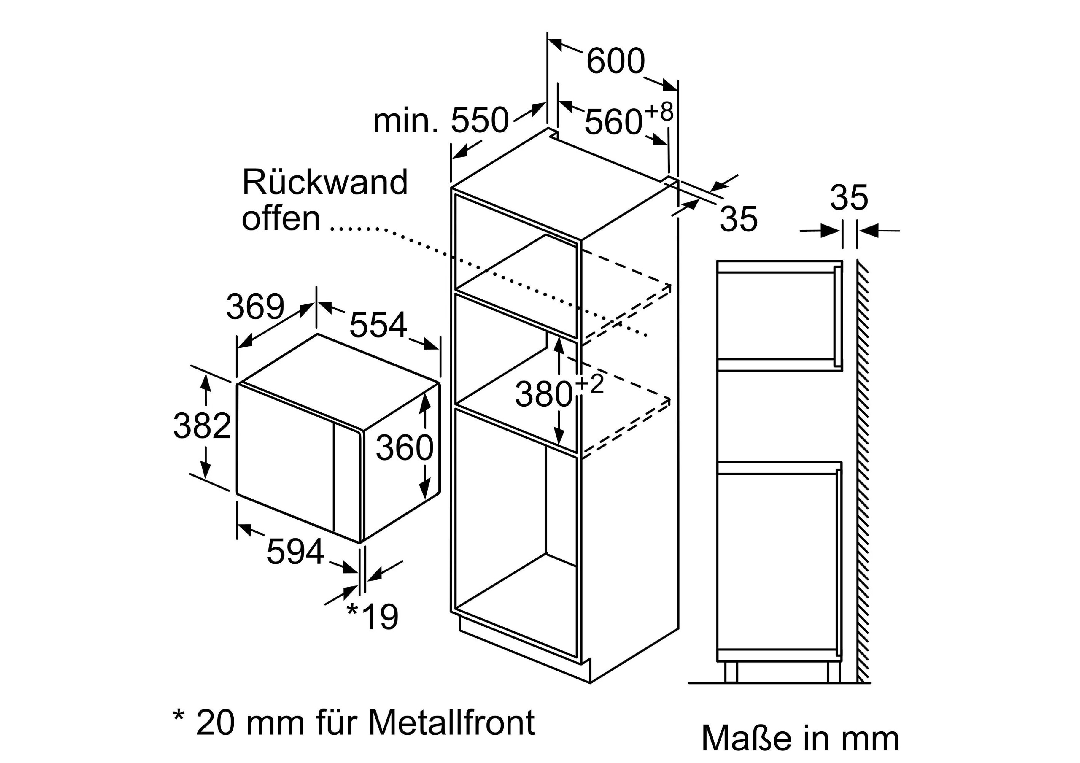 Technical dimensional drawing for Siemens microwave installation in millimeters.