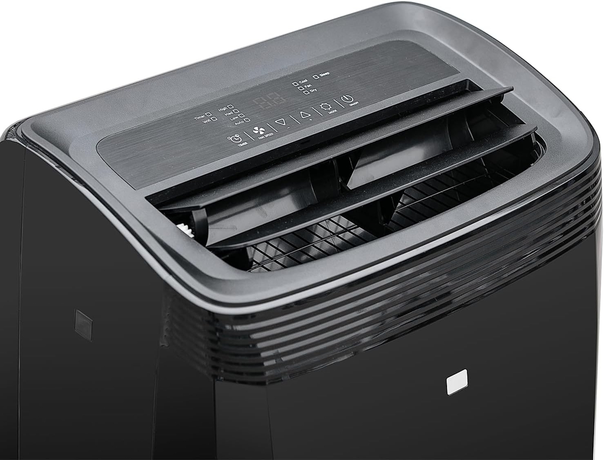 TCL TAC-09CPB/NZB HE Monoblock-Klimagerät Schwarz in Schrägansicht, Abmessungen 450 x 745 x 396 mm, Gehäusedetail mit Abluftöffnungen