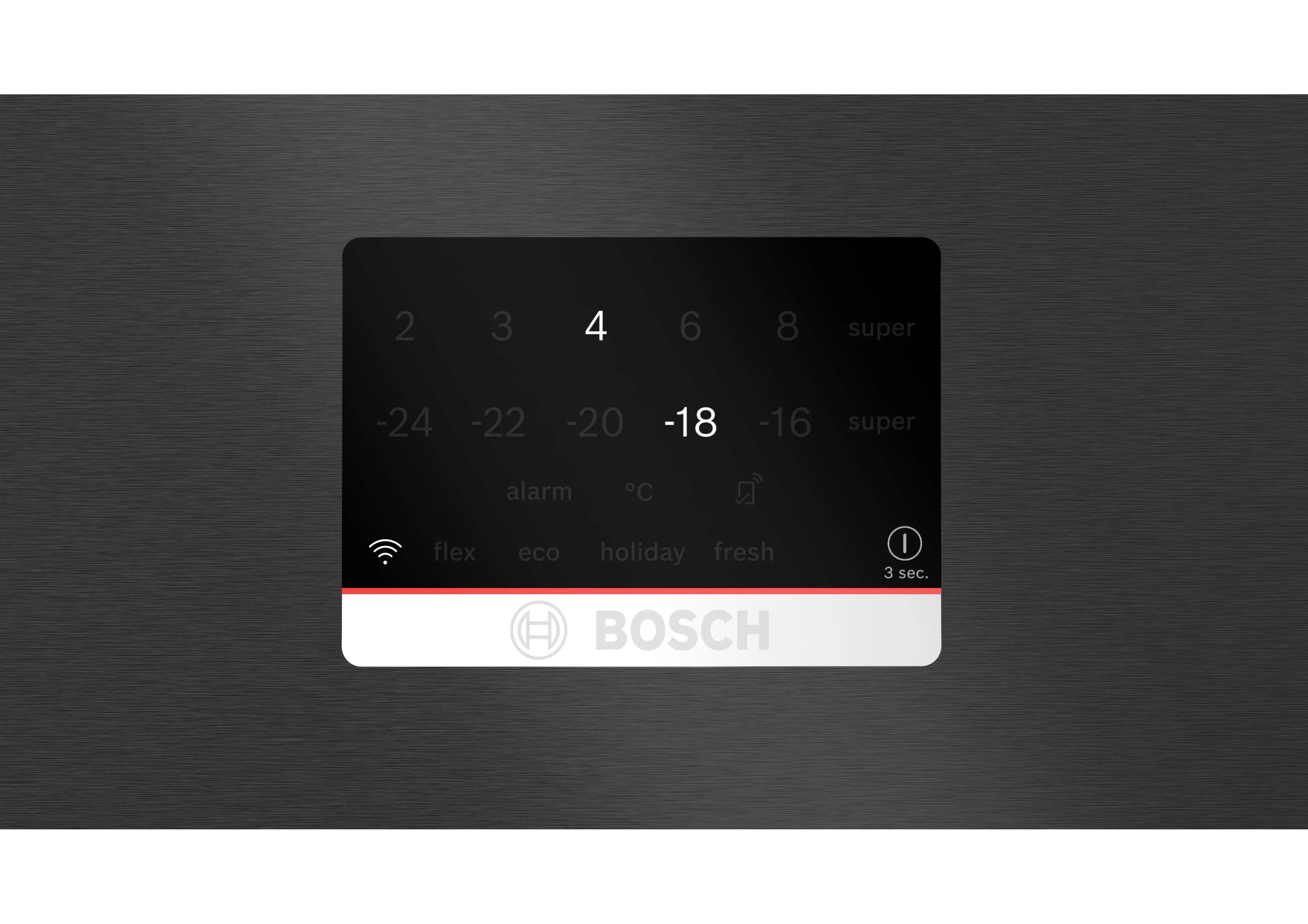Nahaufnahme des digitalen Touch-Displays an der Gerätetür zur Temperatursteuerung und Funktionswahl.