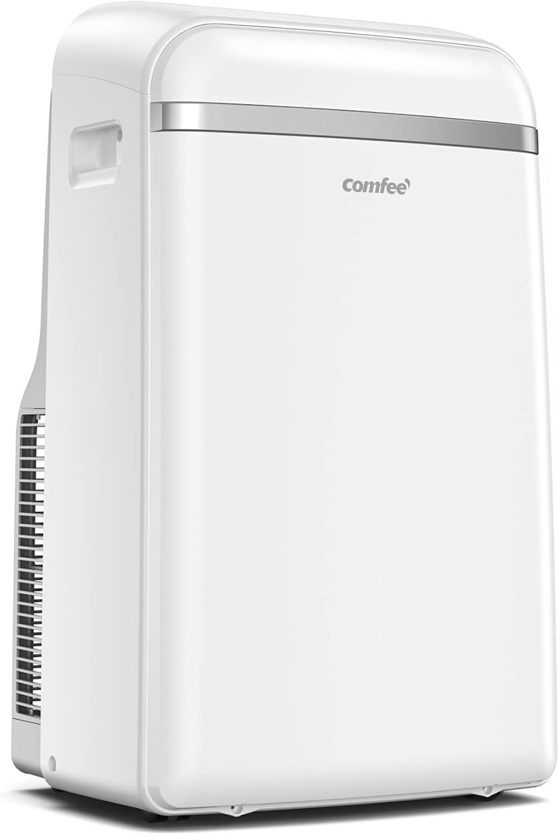Front view of the Midea Comfee Friendly Pro portable air conditioner in white with modern design and caster wheels.