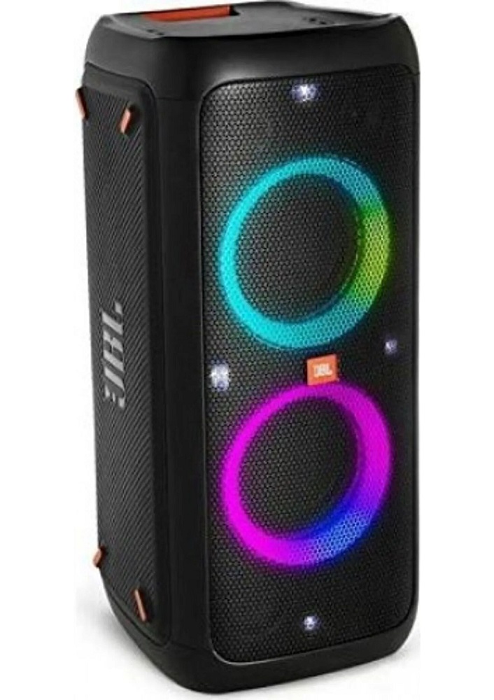 JBL PartyBox 310 Partylautsprecher zeigt dynamische Lichtshow in Türkis und Pink.