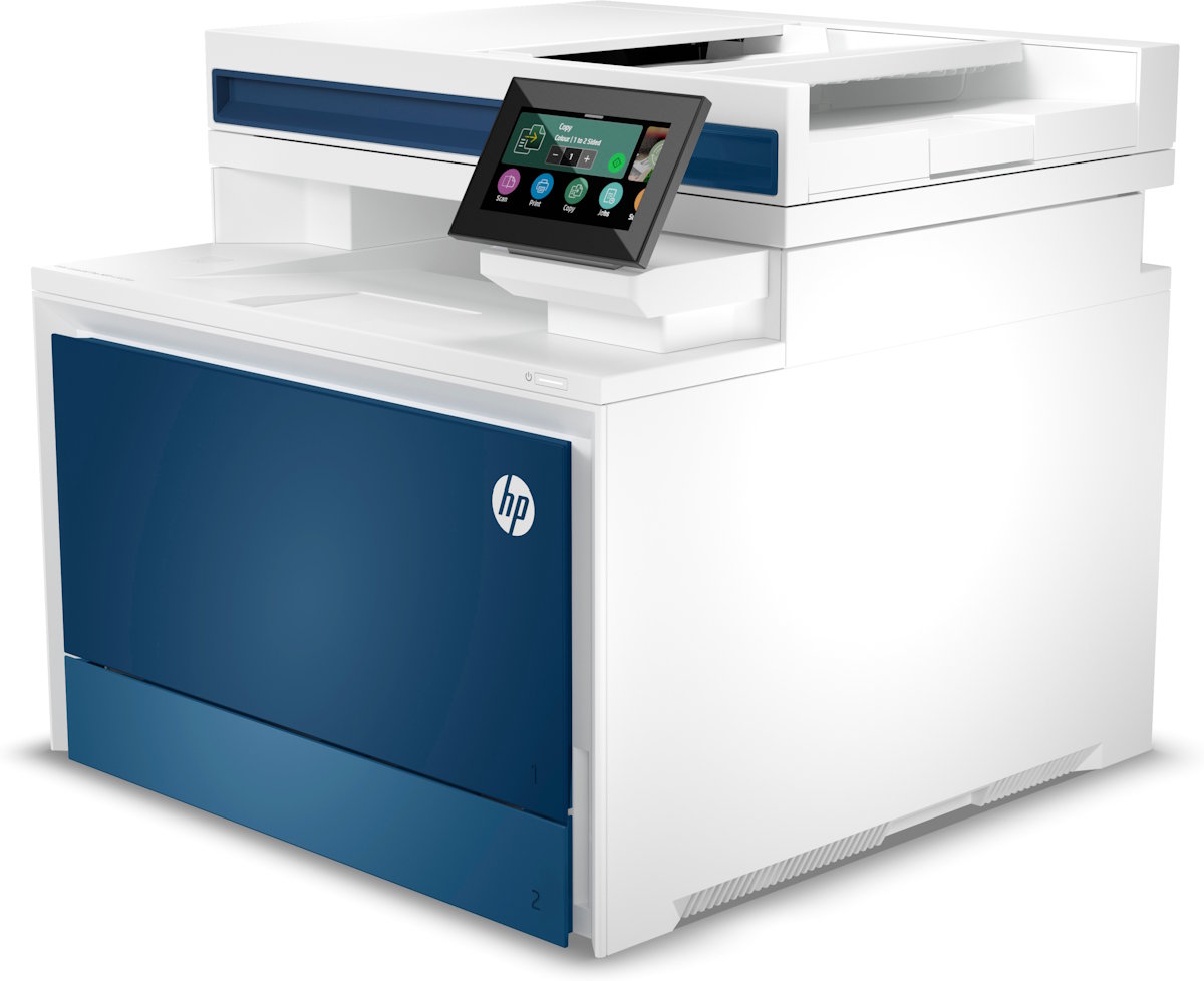 Seitenansicht des HP Color LaserJet Pro MFP 4302 im kompakten Business-Design, Abmessungen 421 x 435 x 384 mm, Gewicht 20,4 kg