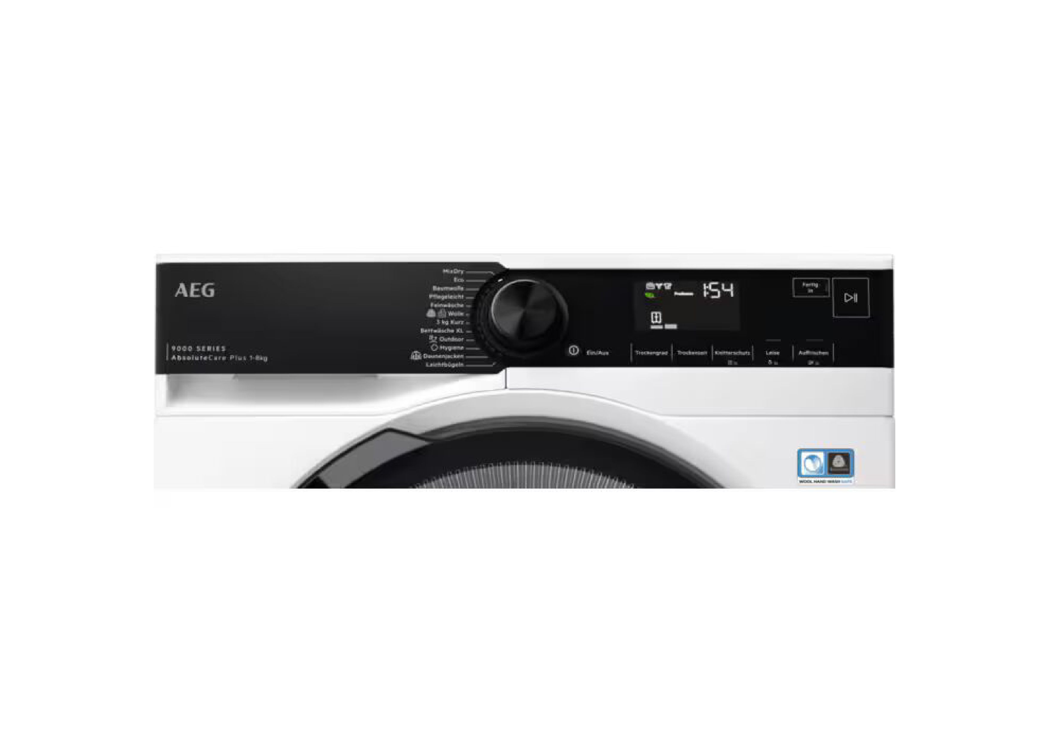 Detailansicht des schwarzen Bedienfelds mit Drehwähler, LED-Display und Programmauswahl eines AEG Trockners