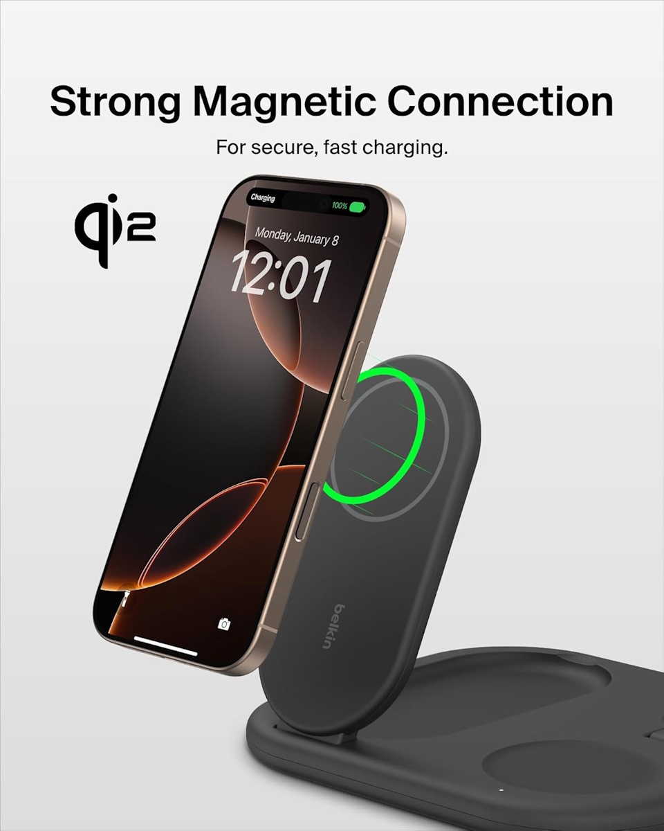 Belkin BoostCharge Pro 3-in-1 Qi2 magnetic wireless charging station for iPhone, Apple Watch and AirPods – black