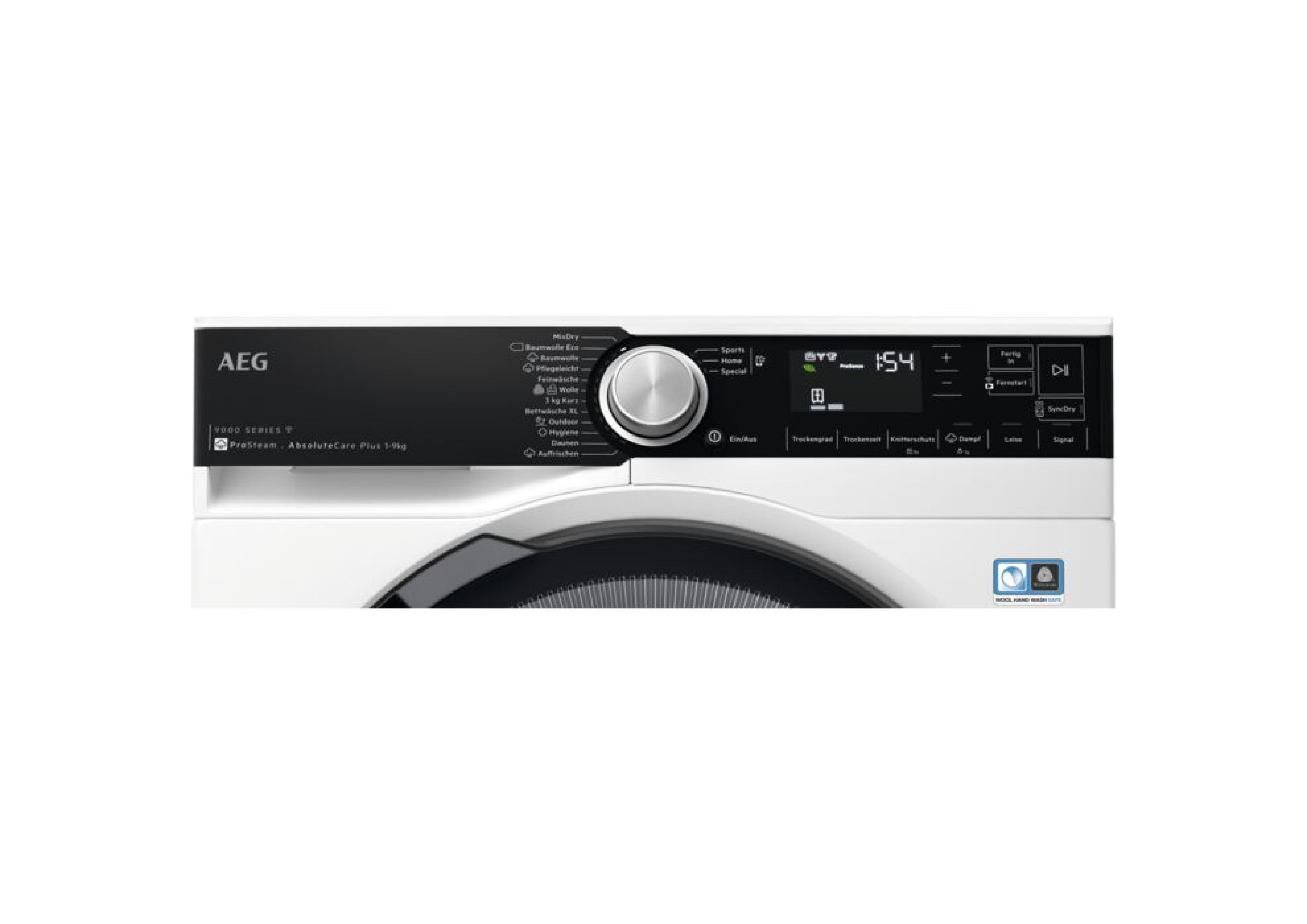 Nahaufnahme des digitalen Bedienfelds eines AEG Wäschetrockners der 9000er Serie mit Drehknopf und Display.