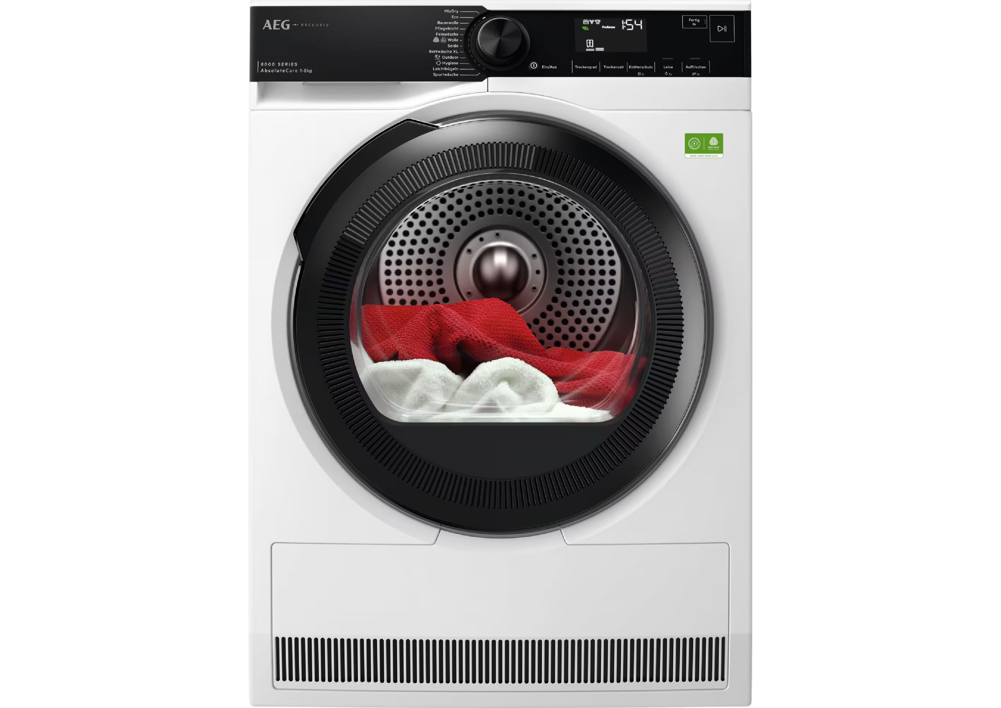 Front view of a white AEG tumble dryer with red and white laundry inside the drum.