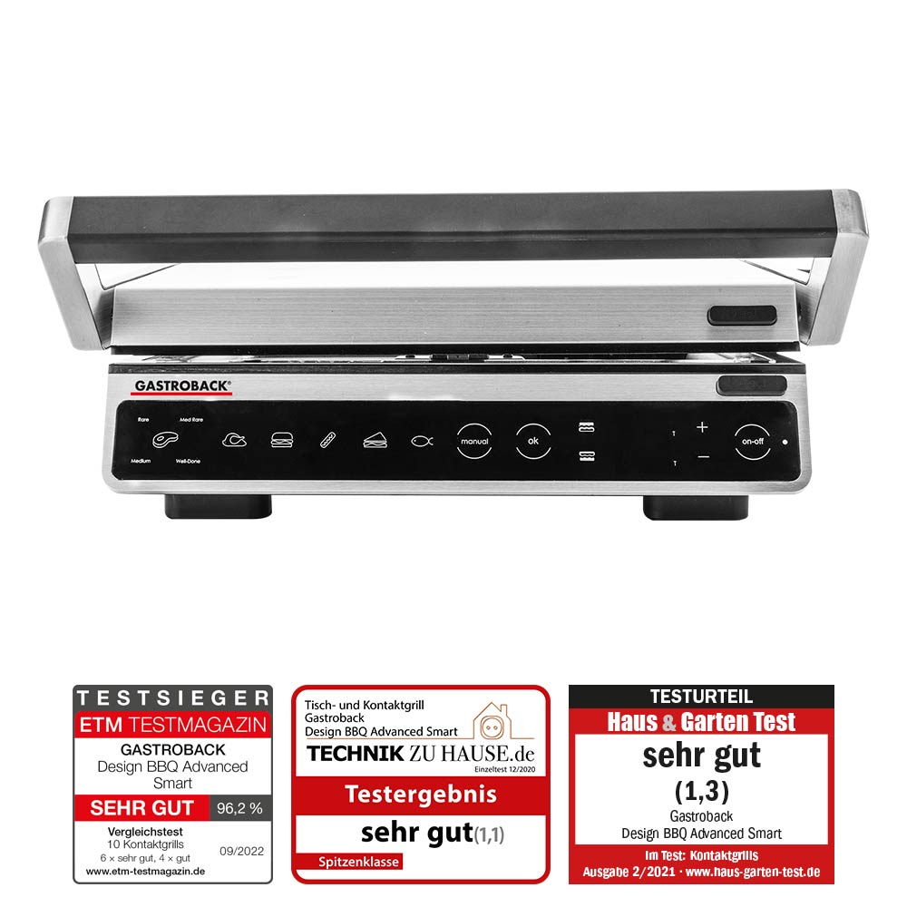 Auszeichnungen für GASTROBACK 42542 von ETM Testmagazin, Technik zu Hause und Haus & Garten Test Testsiegel von ETM Testmagazin, Technik zu Hause und Haus & Garten Test für den GASTROBACK Kontaktgrill 42542