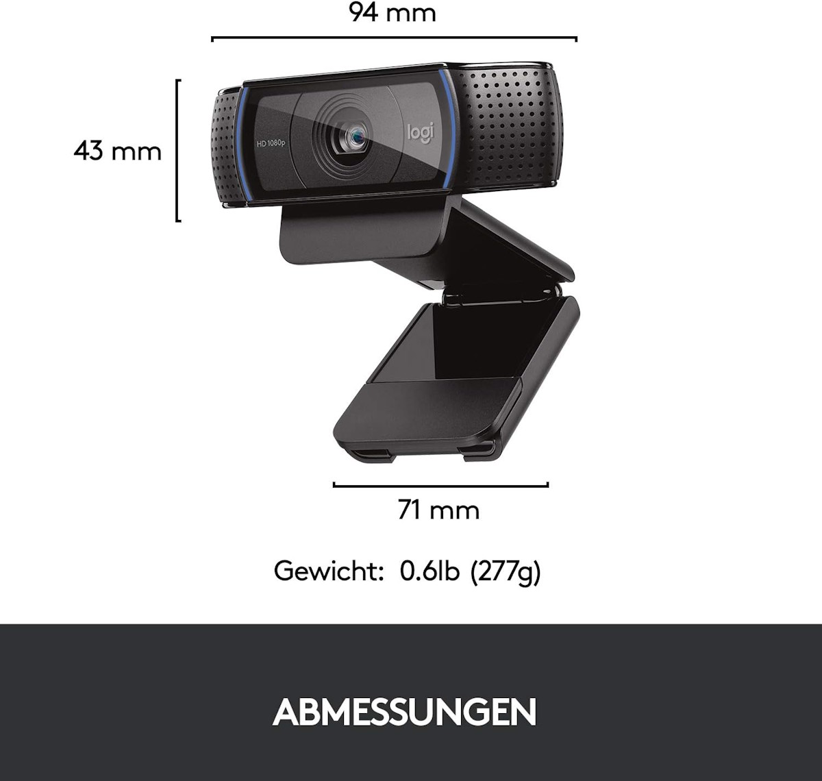 Technical drawing with dimensions of the Logitech C920 webcam.