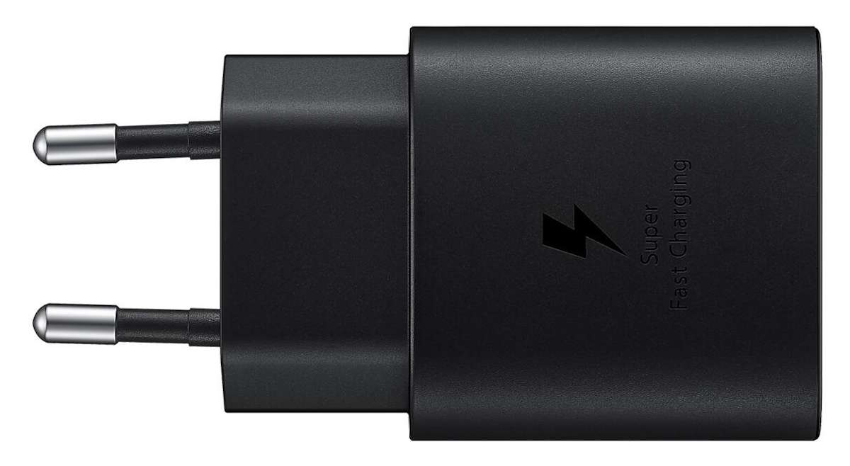 Side profile view of the slim Samsung fast charger for space-saving use.