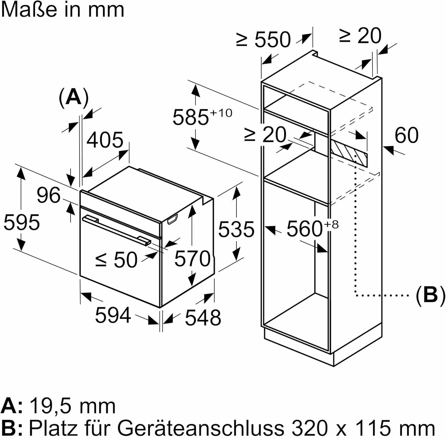 Technical drawing of the installation dimensions for the Bosch oven in a tall kitchen cabinet.