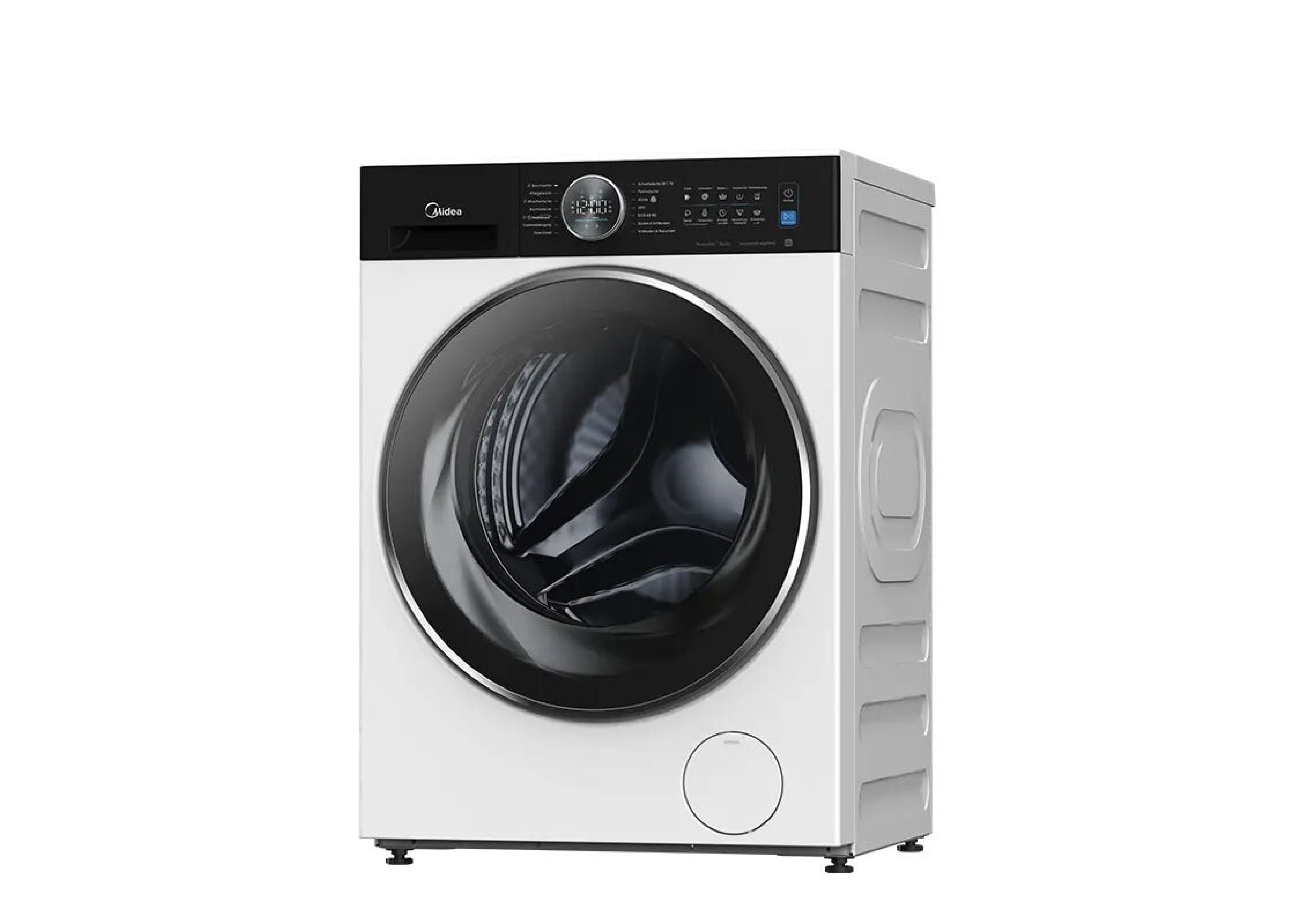 Dreiviertelansicht der Midea Waschmaschine von links vorne auf weißem Hintergrund.