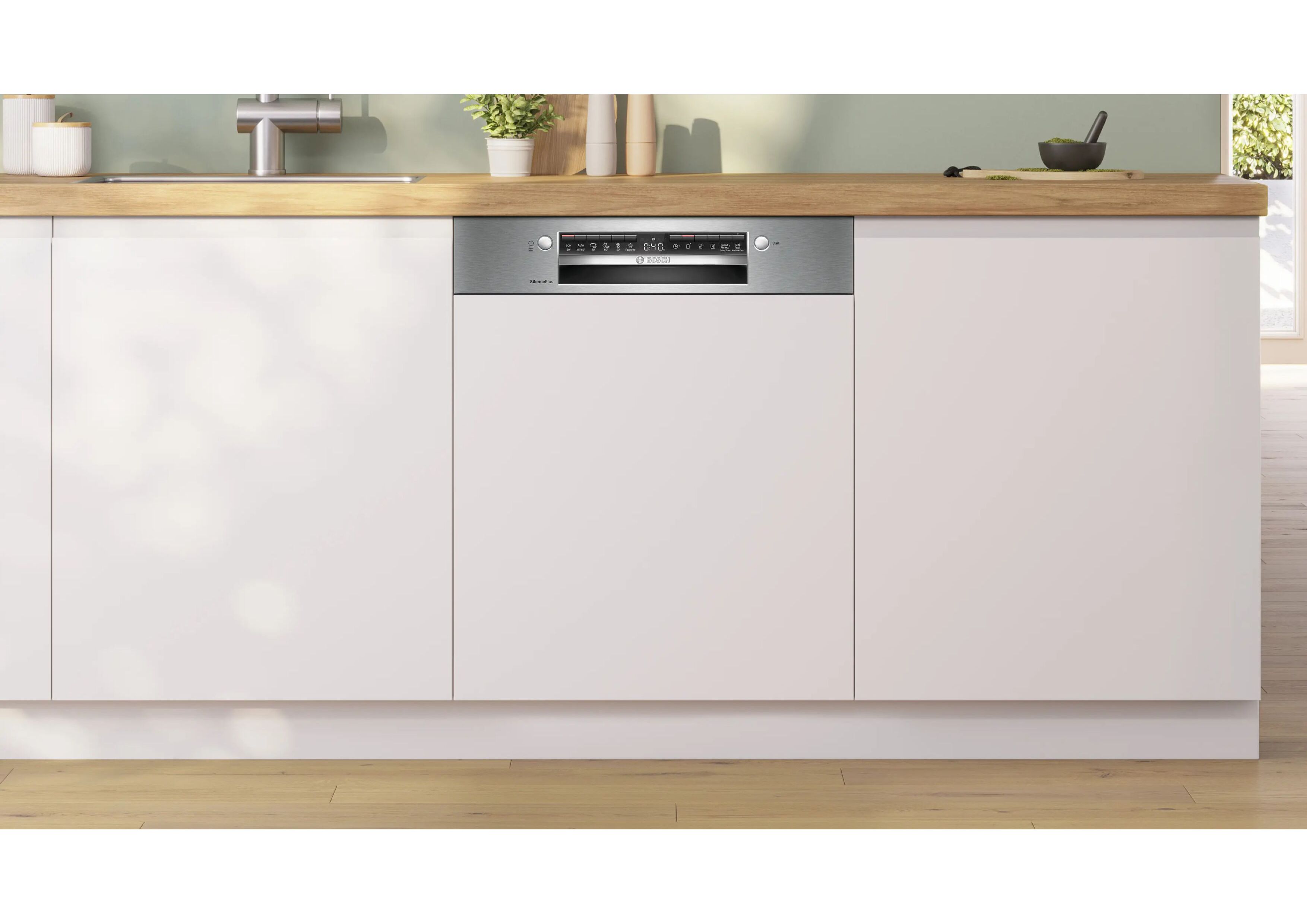 Bosch SMI4EAS28E Geschirrspüler eingebaut in eine moderne helle Küchenzeile unter einer Holz-Arbeitsplatte