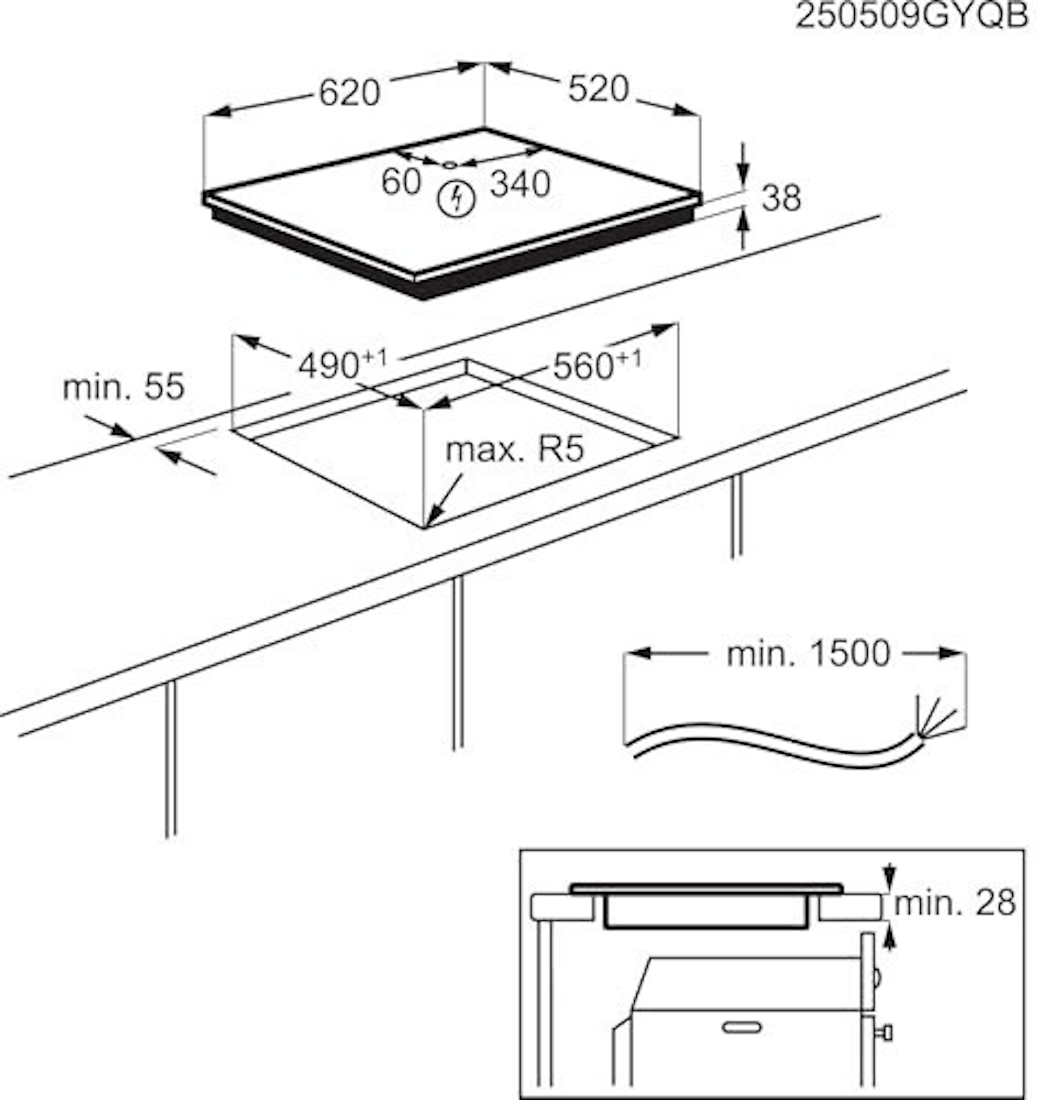 Technische Maßzeichnung AEG TA64RA07FB: Gerätebreite 620 mm, Tiefe 520 mm, Bauhöhe 38 mm, Einbaunische 560 × 490 mm