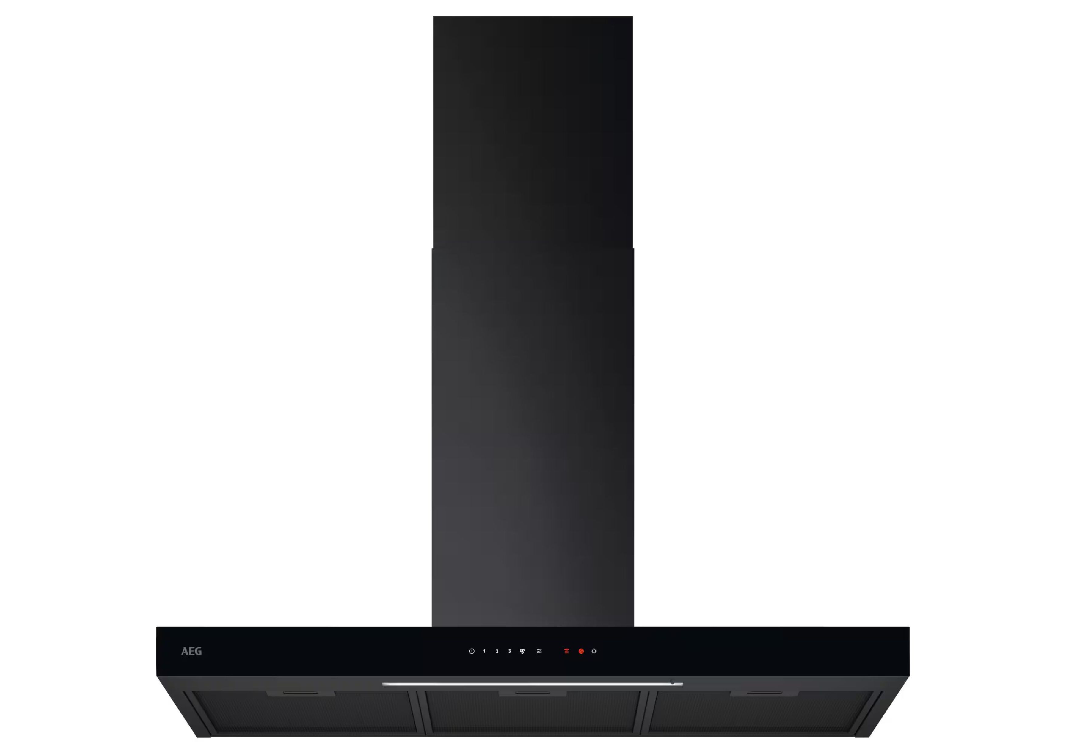 Vollständige Frontansicht einer modernen, schwarzen AEG Dunstabzugshaube mit Kamin.