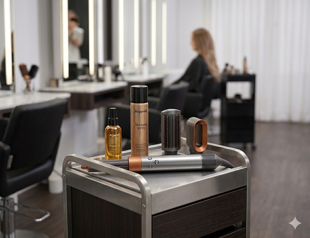 Der Dyson Airwrap Origin auf einem professionellen Friseurwagen neben Haarpflegeprodukten in einem hellen, modernen Salon-Umfeld.