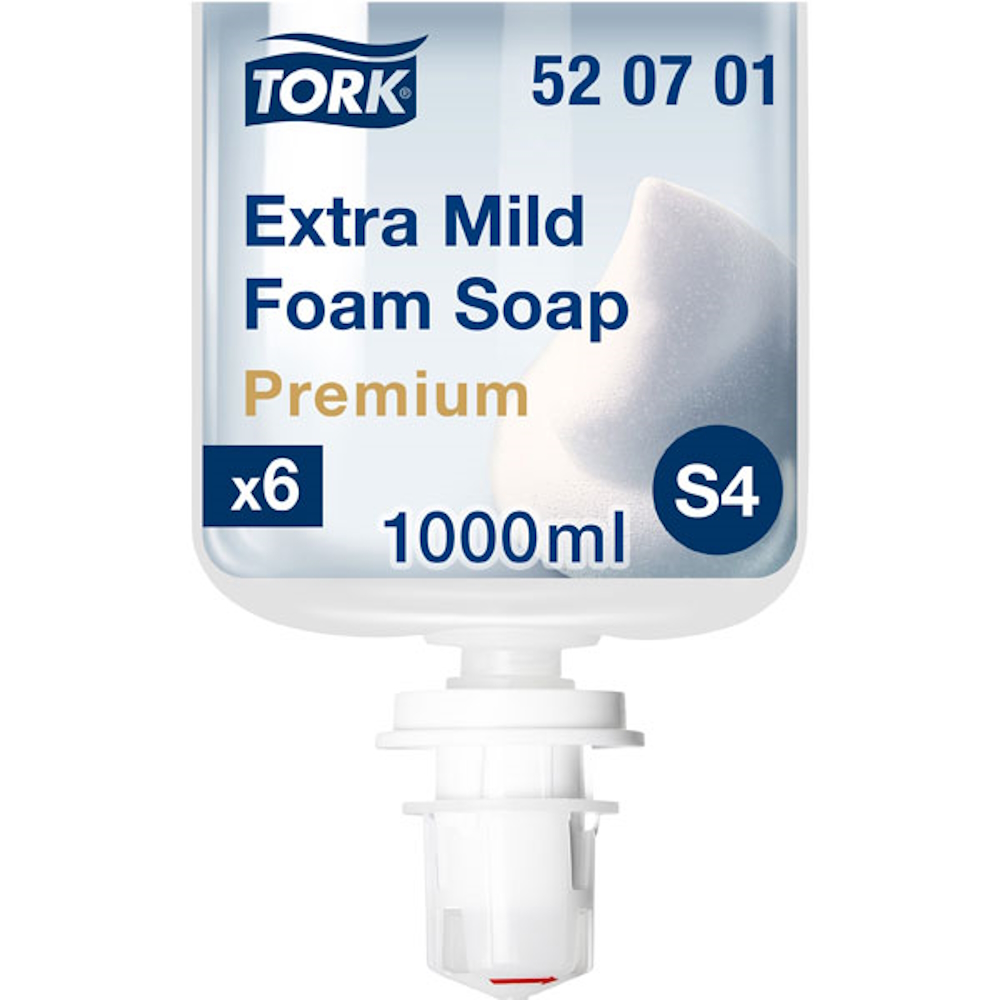 Tork Schaumseife 520701, Nahaufnahme des Etiketts mit Produktinformationen.
