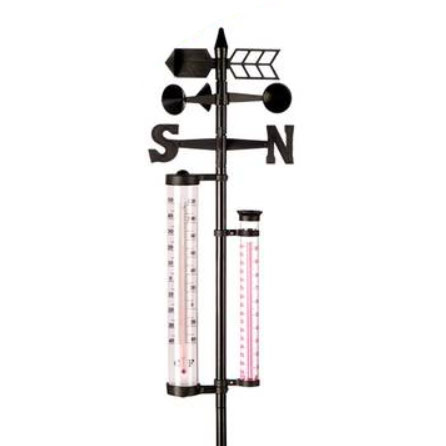 Garden weather station with weather vane, rain and temperature display