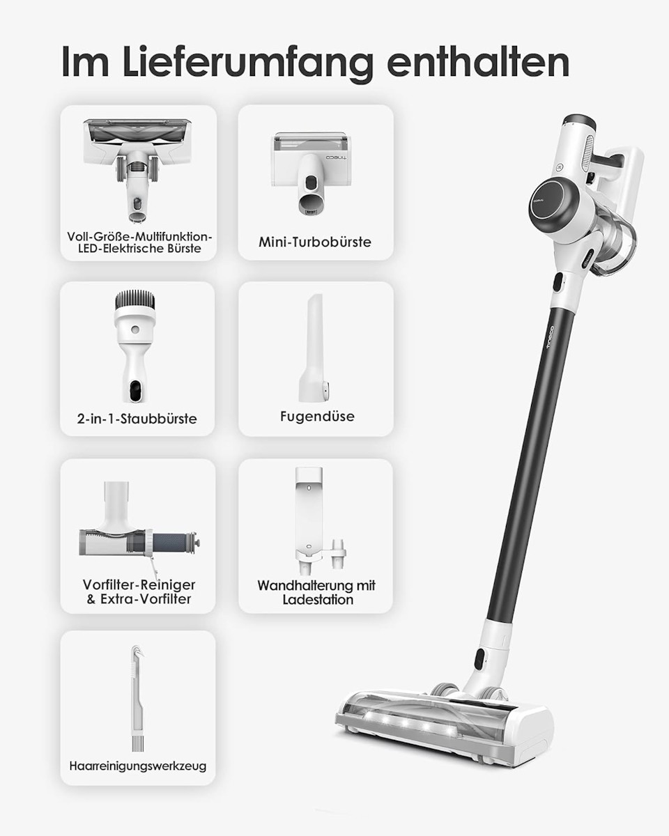 Tineco Pure One X Essentials – Lieferumfang mit Staubsauger, Bürsten, Saugrohr und Wandhalterung