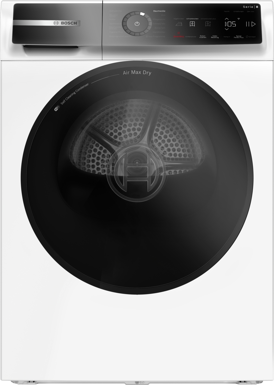 Frontansicht eines weißen Bosch Serie 8 Wärmepumpentrockners mit schwarzem Bullauge und digitalem Display.