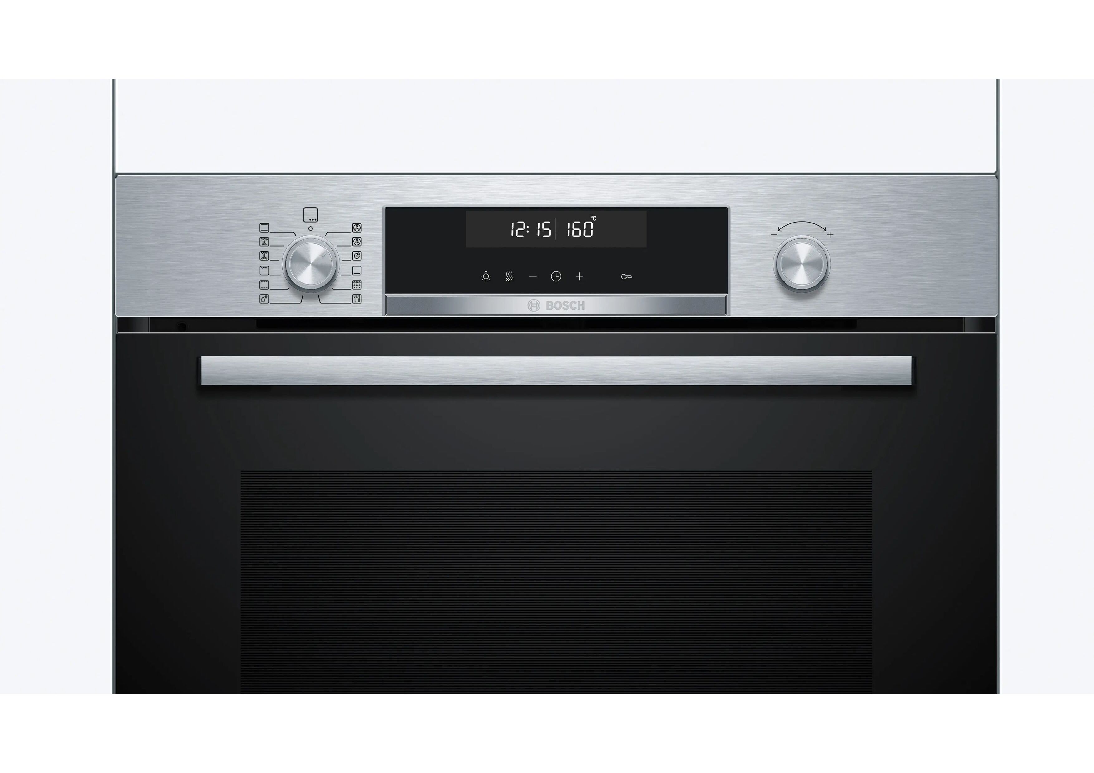 Close-up of the control panel with LED display and retractable rotary knobs