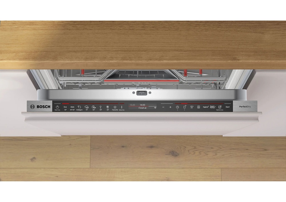 Top-down bird's-eye view of the open dishwasher door edge, showcasing the flush-mounted TFT touch control panel detailing various washing cycles like Eco, Auto, and Intelligent.