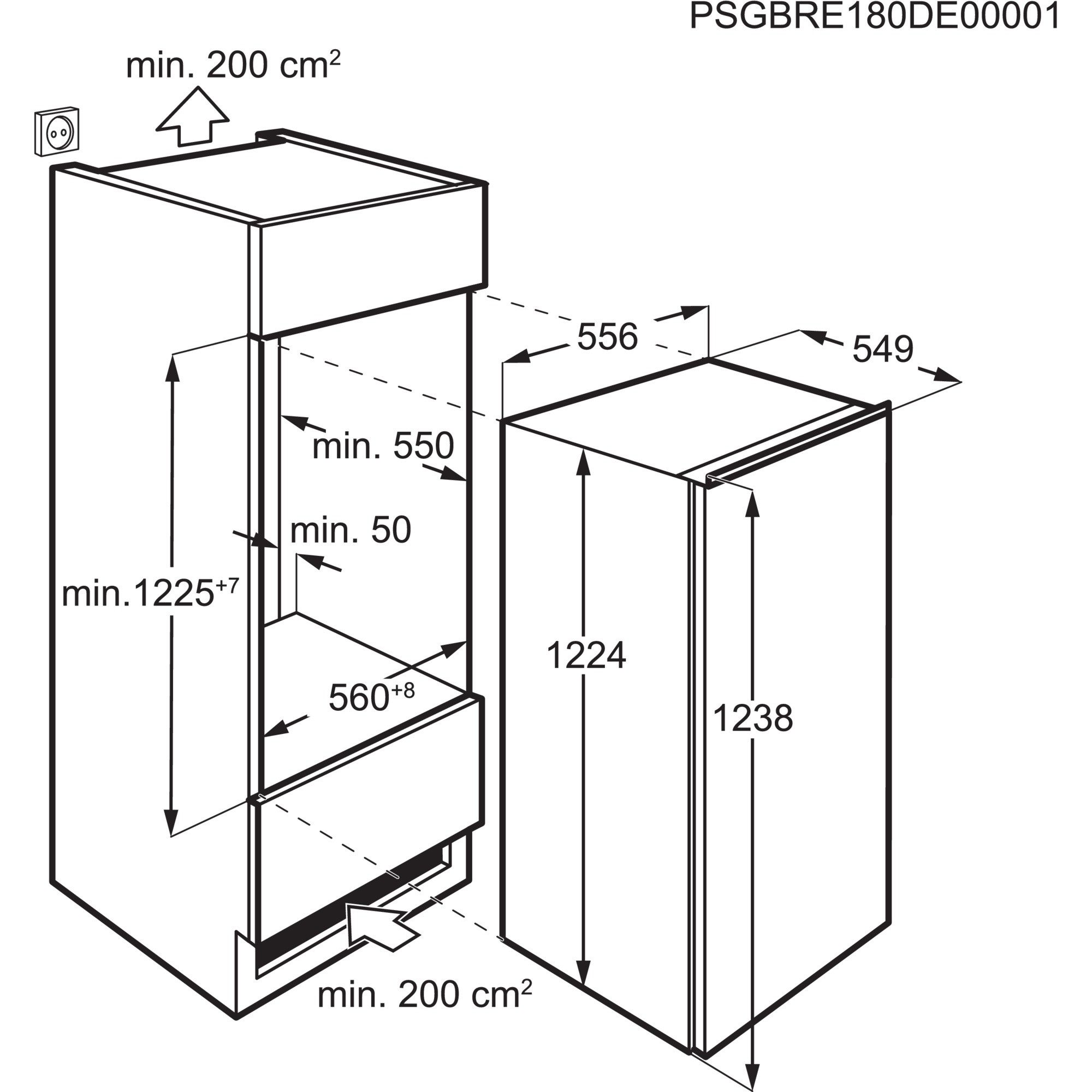 Technical dimension drawing showing integration and cutout requirements for the built-in AEG freezer.