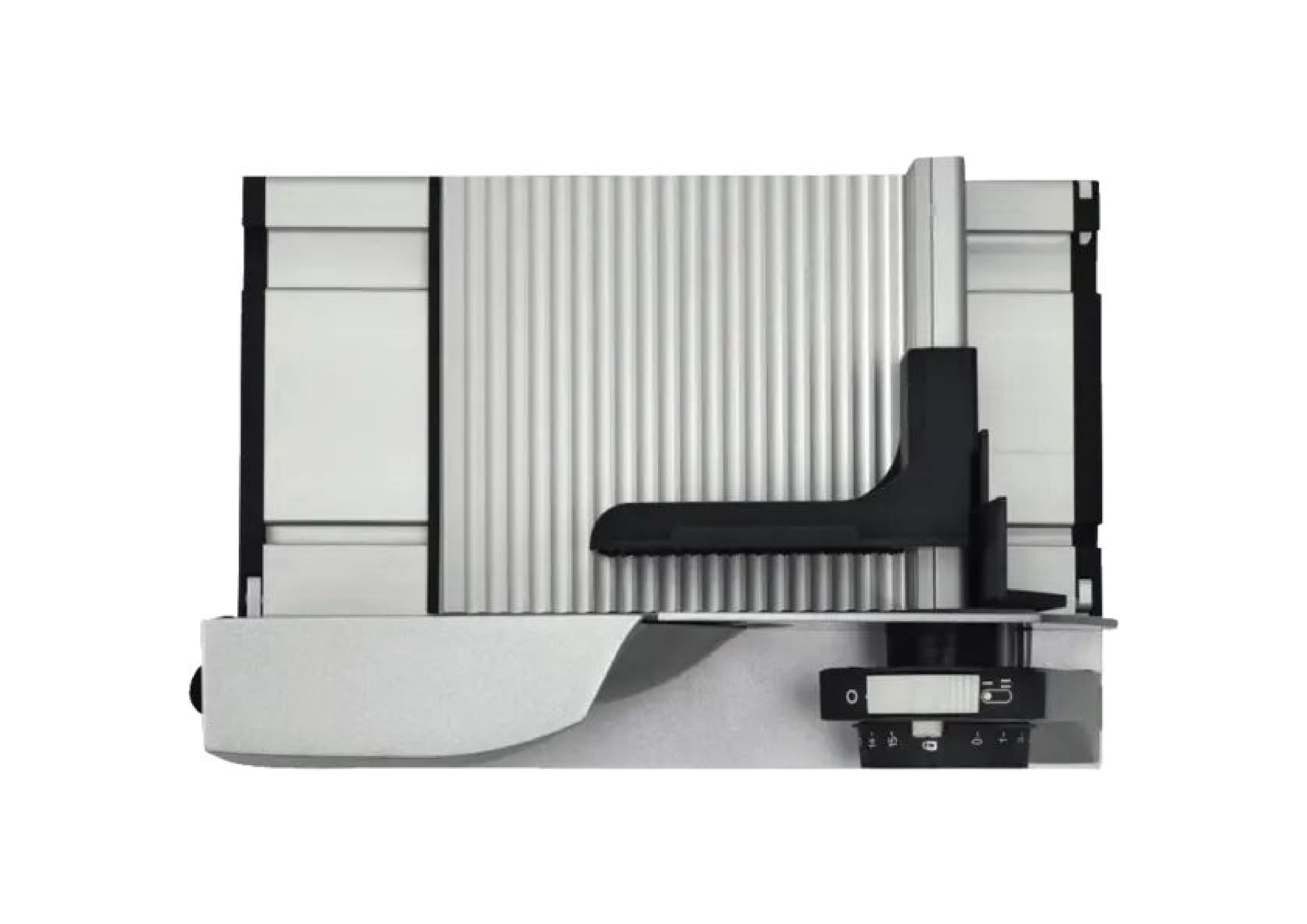 Top view of the food slicer with a ribbed carriage and control elements
