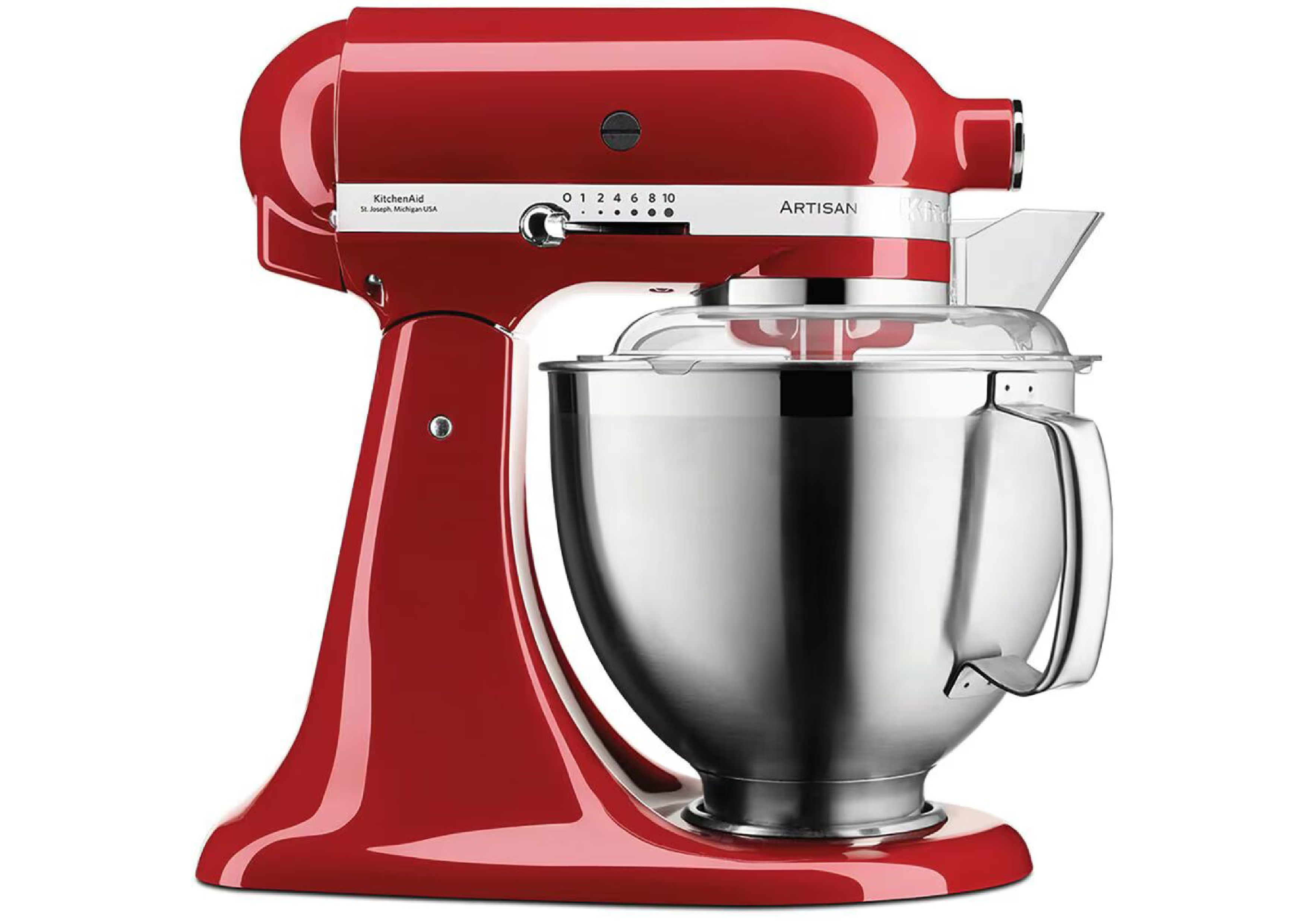 Profile view of the KitchenAid Artisan in Empire Red with pouring shield and mixing bowl.