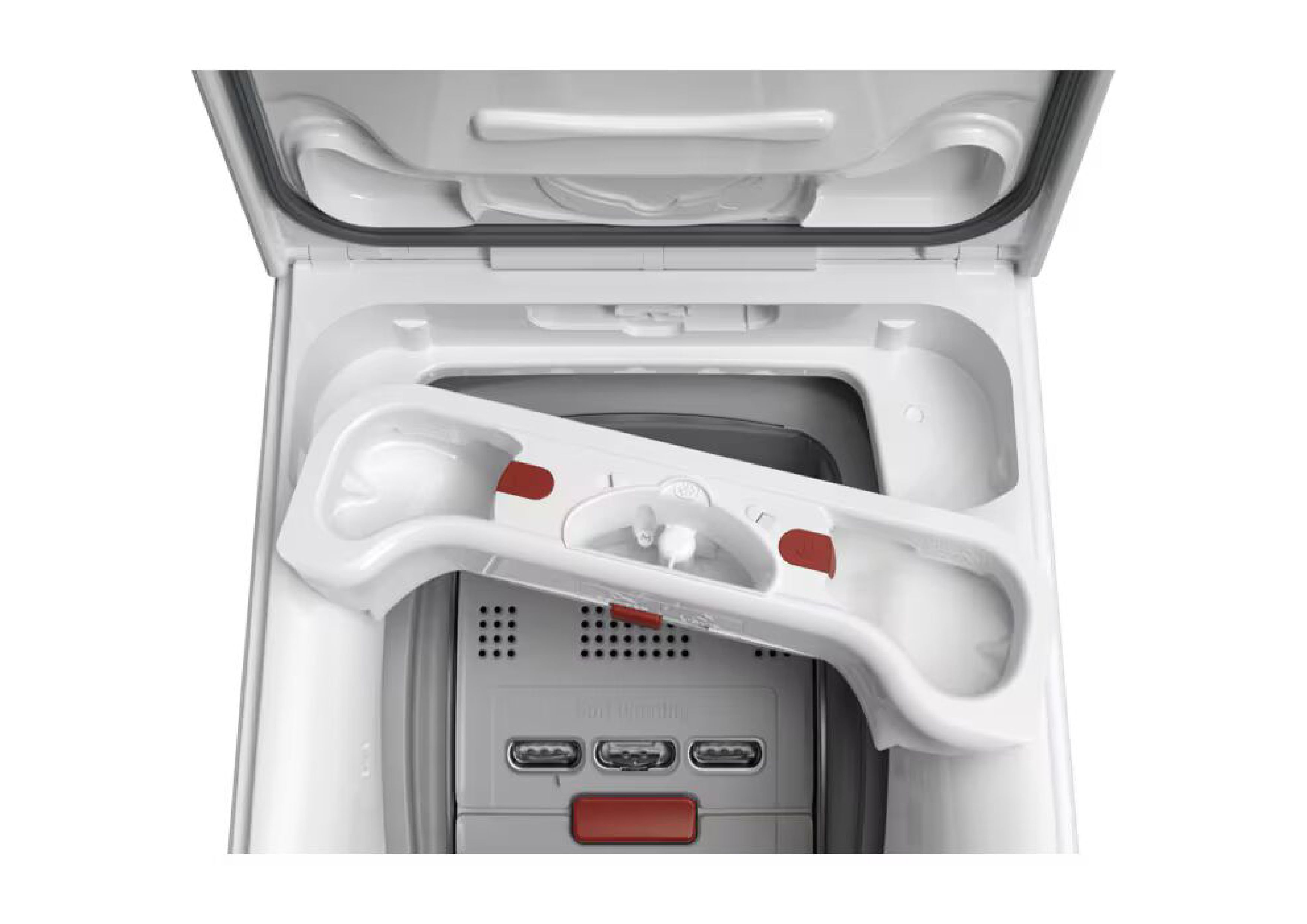 Ansicht der herausnehmbaren Waschmittelschublade über der geöffneten Trommel.