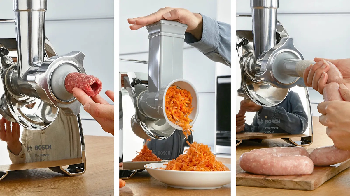Bosch MFW67440 ProPower Fleischwolf – Anwendungsübersicht: Fleisch wolfen, Wurst stopfen, Schnitzeln und Raspeln
