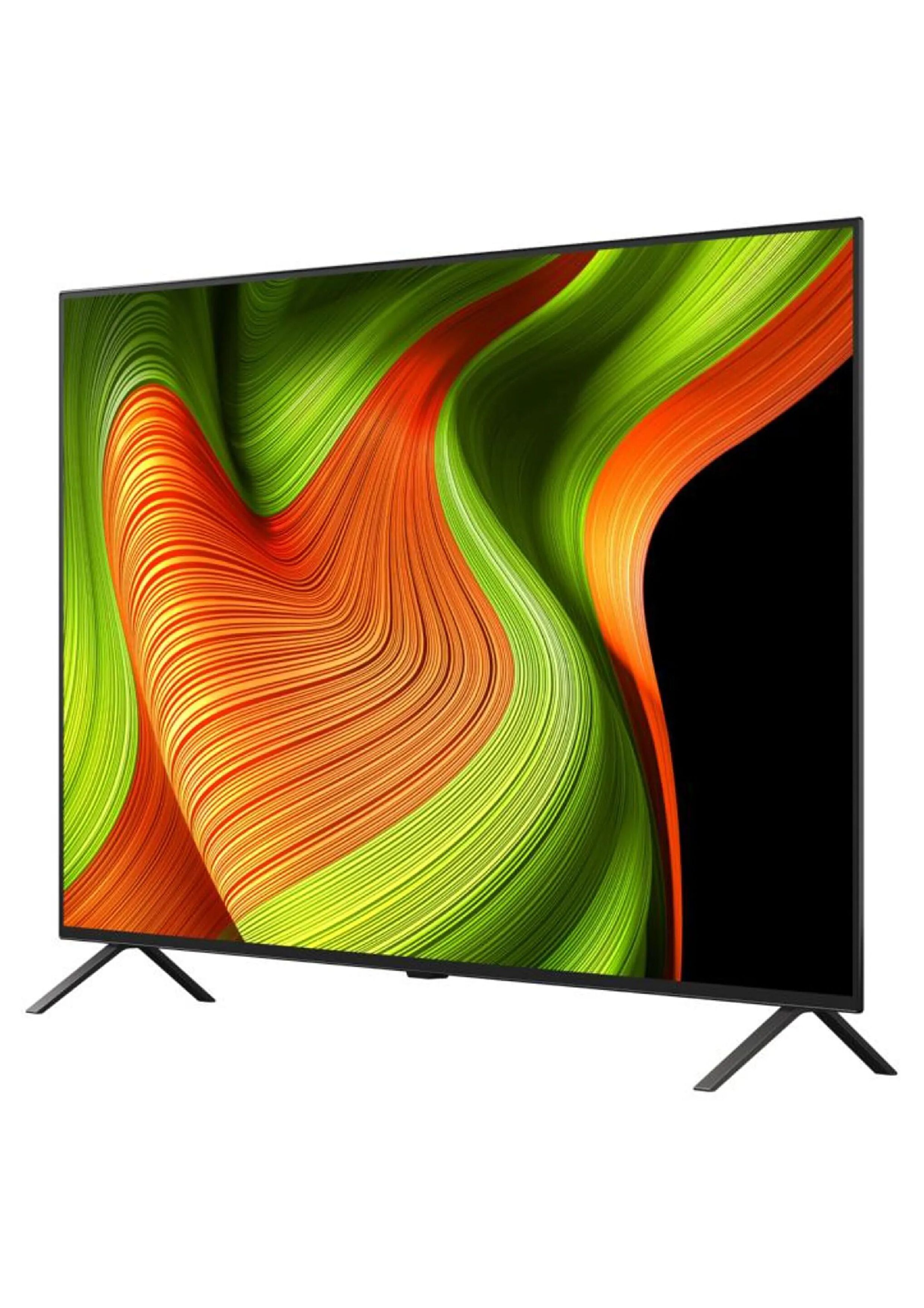 Detaillierte Dreiviertel-Frontansicht des LG OLED TV, die das Panel-Design und den Standfuß hervorhebt.