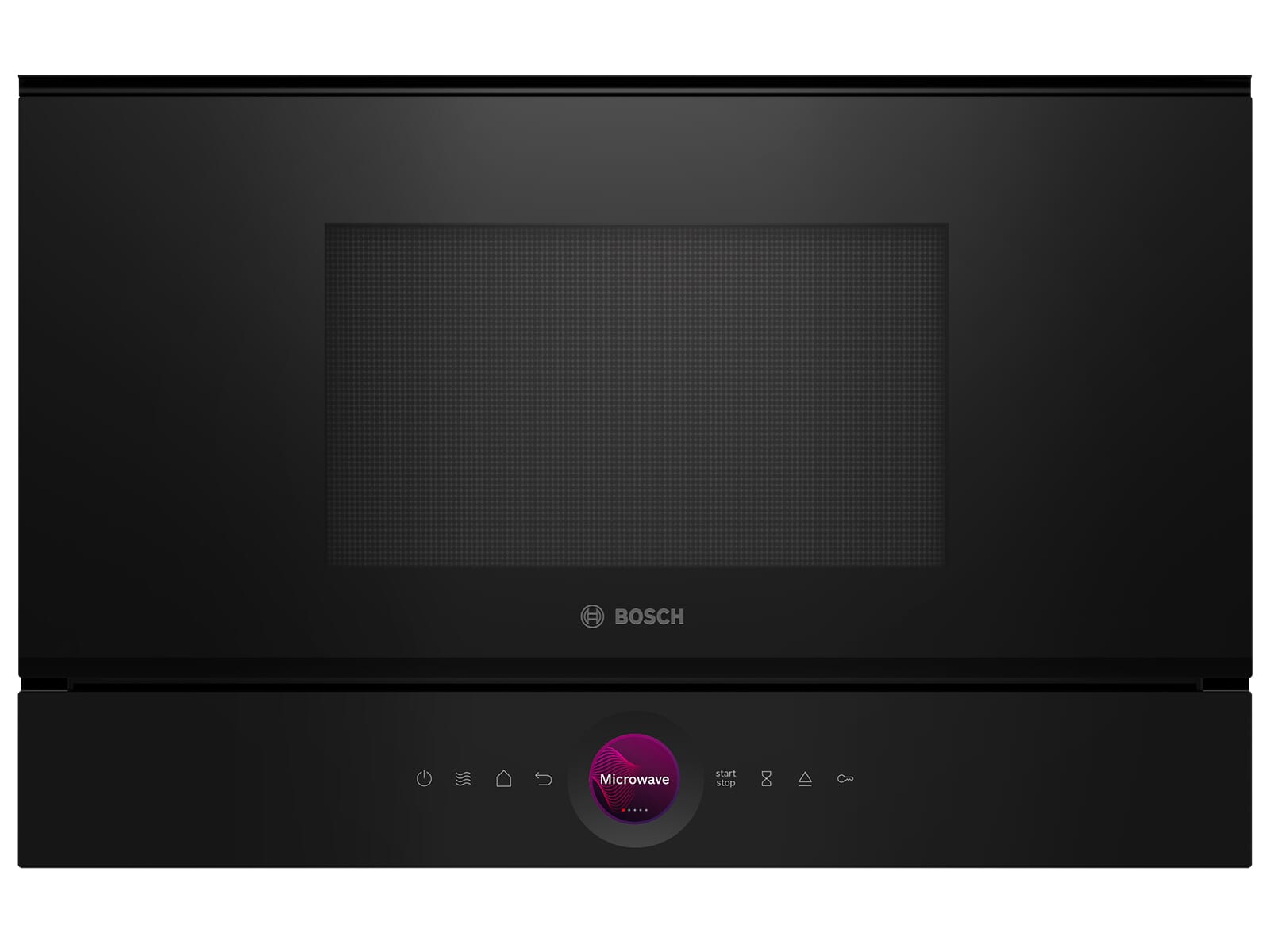 Frontalansicht einer schwarzen Bosch Einbaumikrowelle mit digitalem Bedienring und Touch-Display.