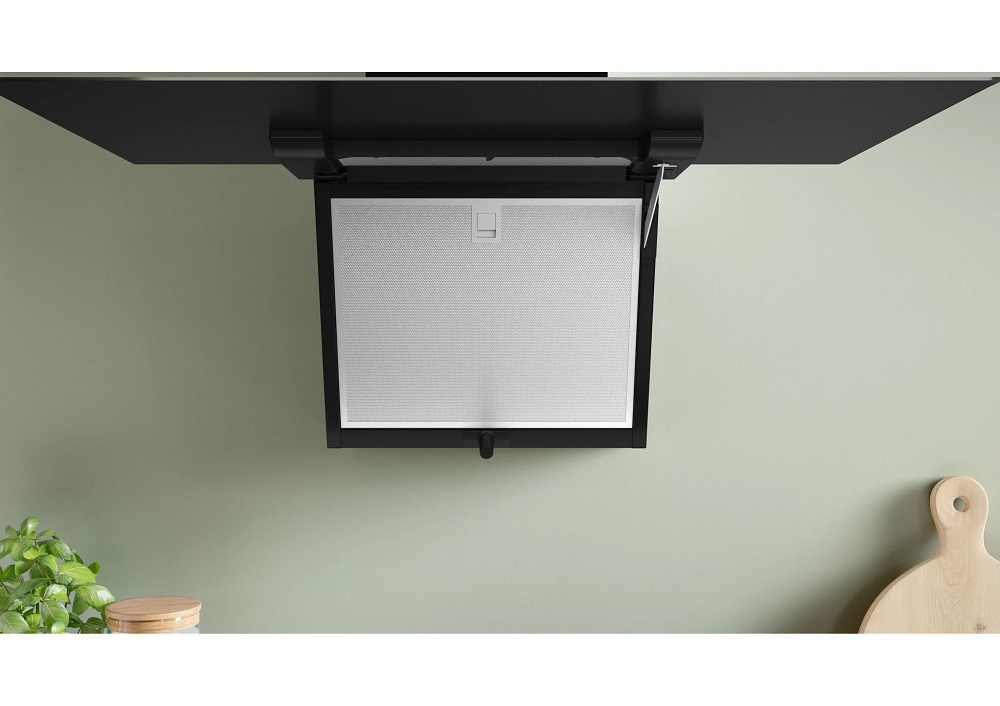 Detailed view of the black glass front pane flipped upwards and secured with a support rod, exposing the square metal mesh filter for easy removal and cleaning.