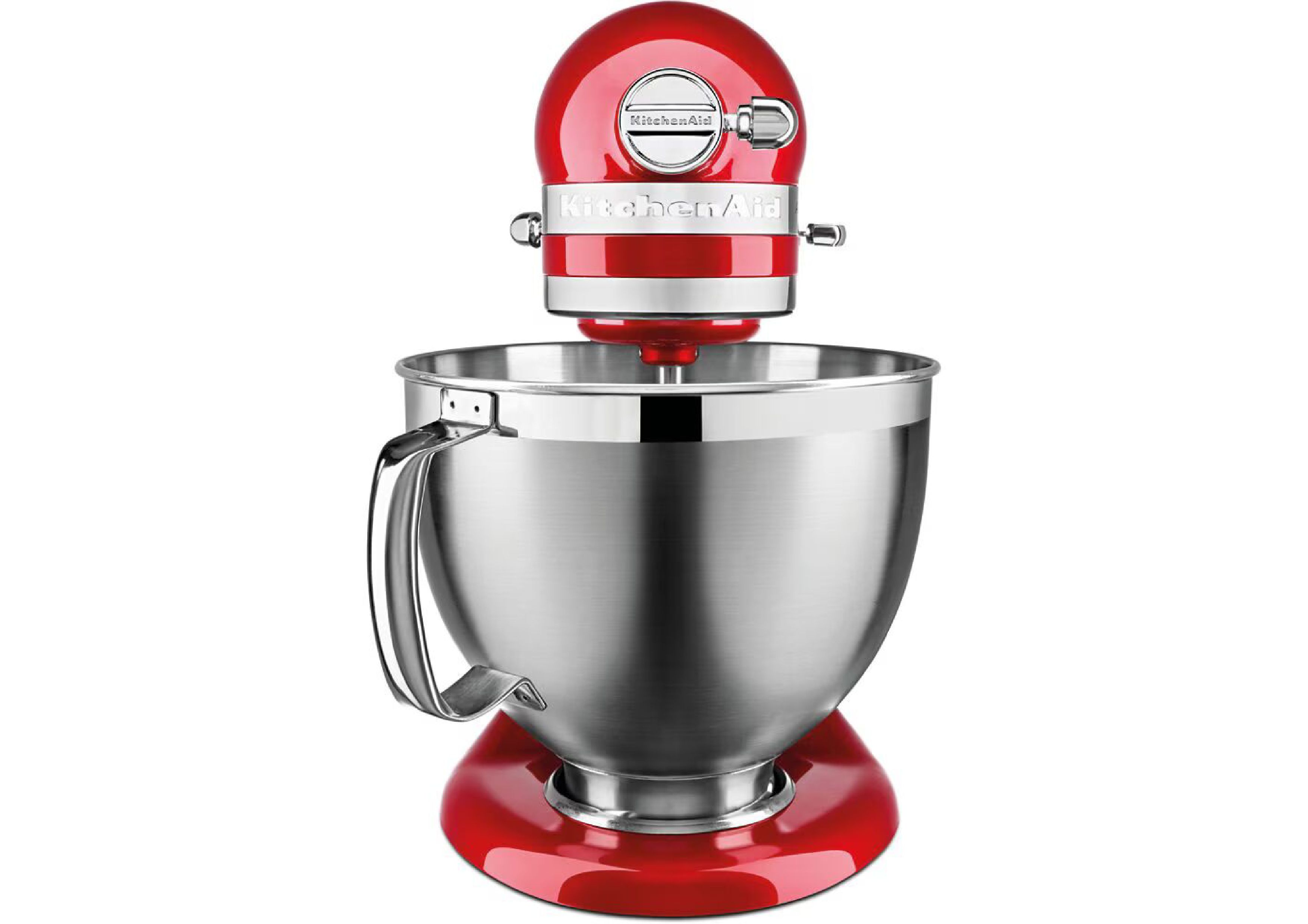 Front view of the KitchenAid Artisan stand mixer focusing on the iconic design and stainless steel bowl.